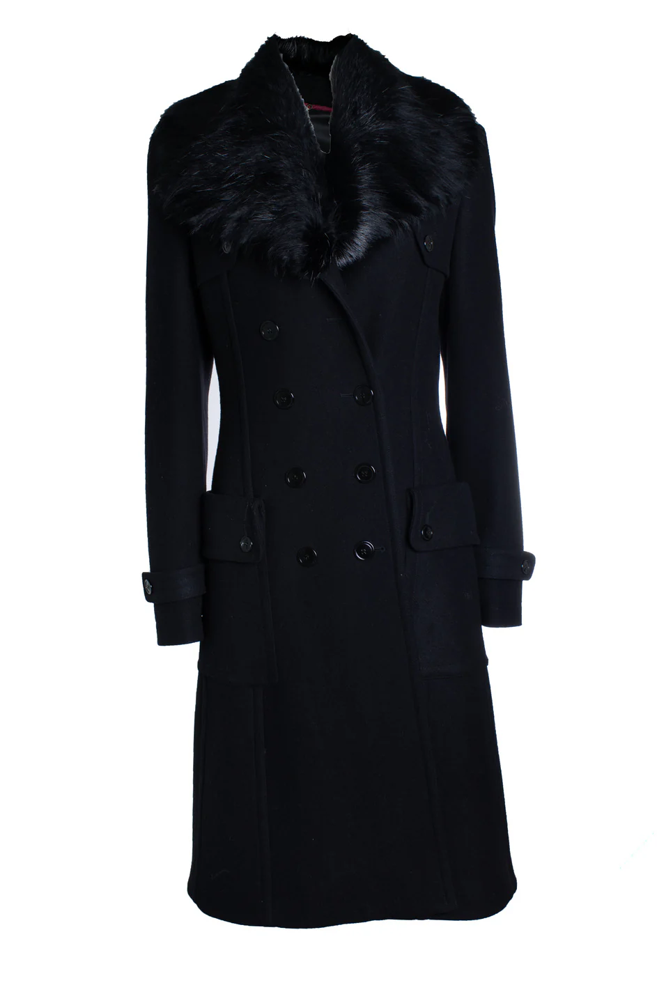Women's Burberry, black wool trenchcoat with fur collar