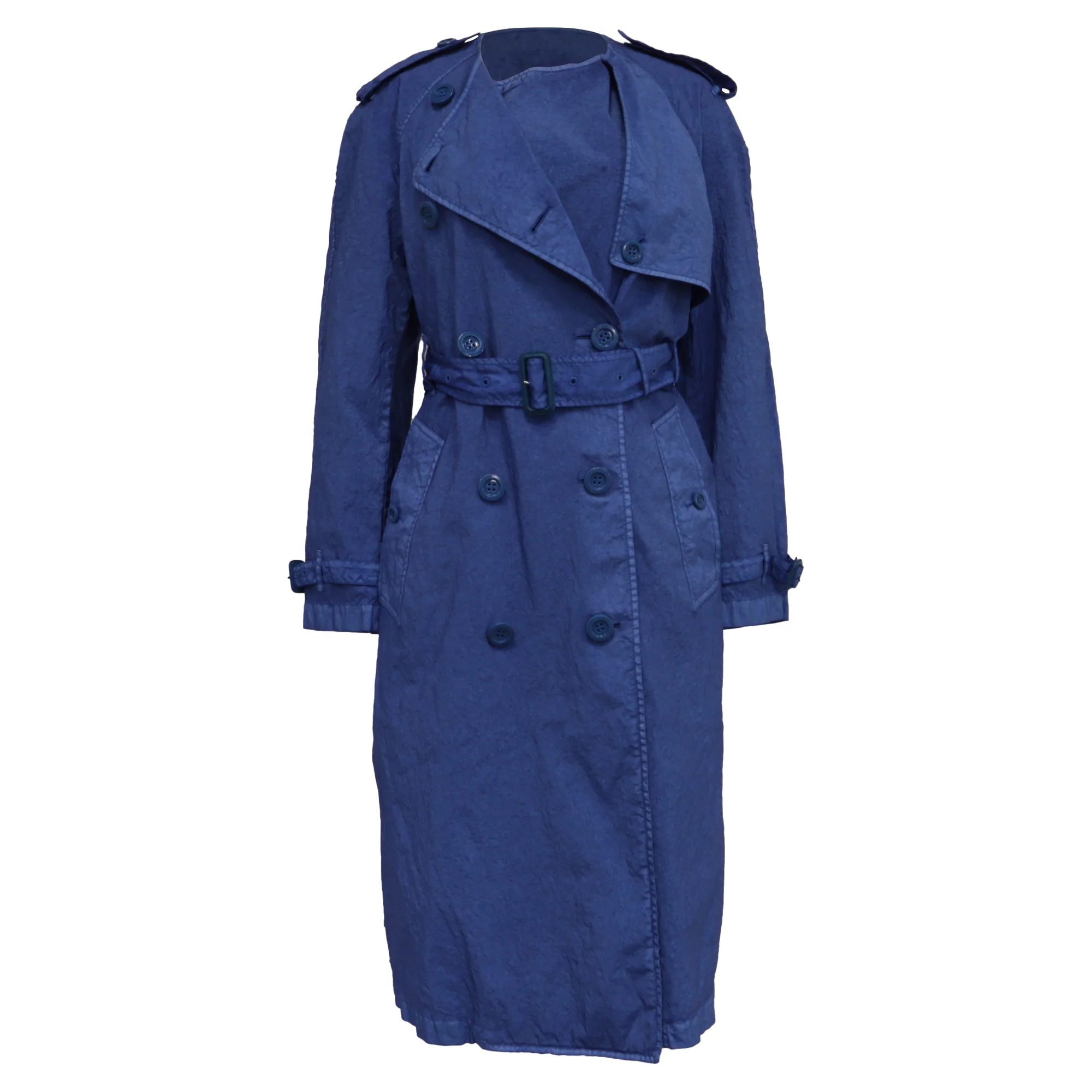 Women's Burberry Collarless Double Breasted Trench Coat in Blue Polyamide
