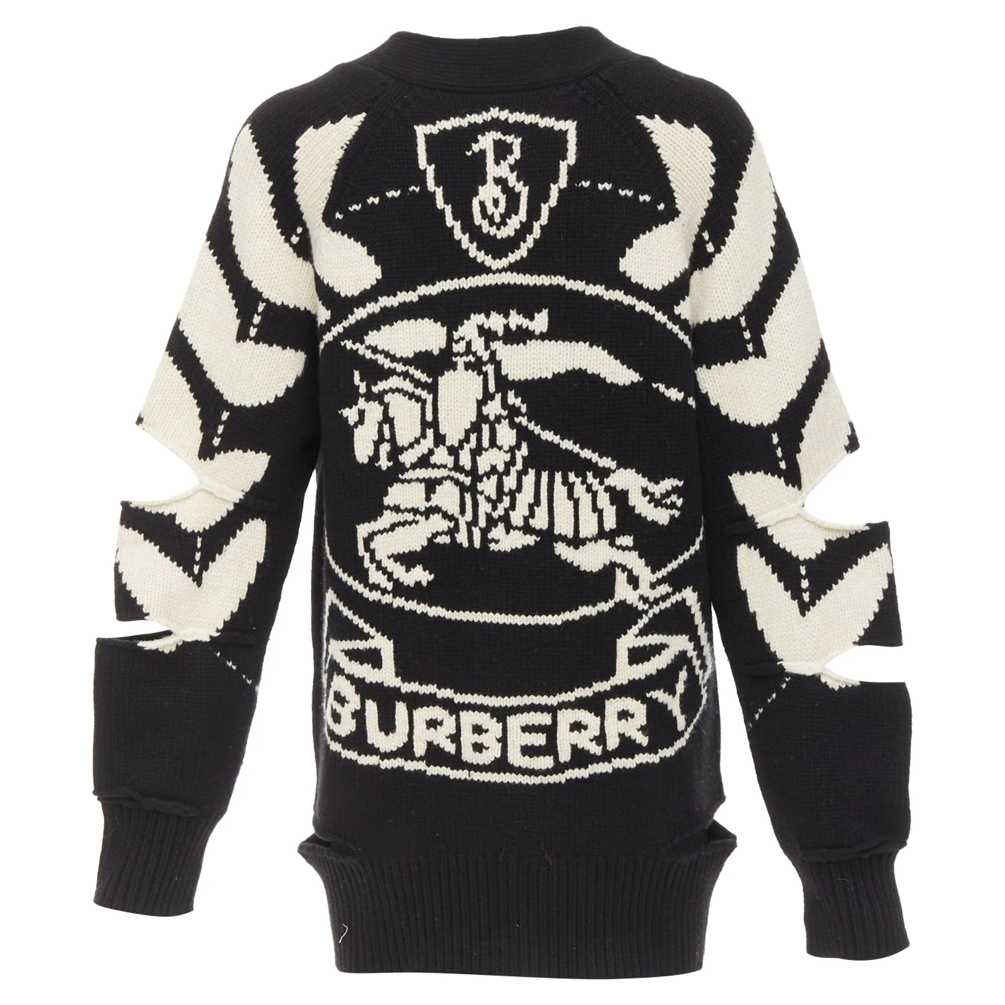 Women's BURBERRY Nyla black cream merino wool cashmere logo intarsia cut out cardigan S