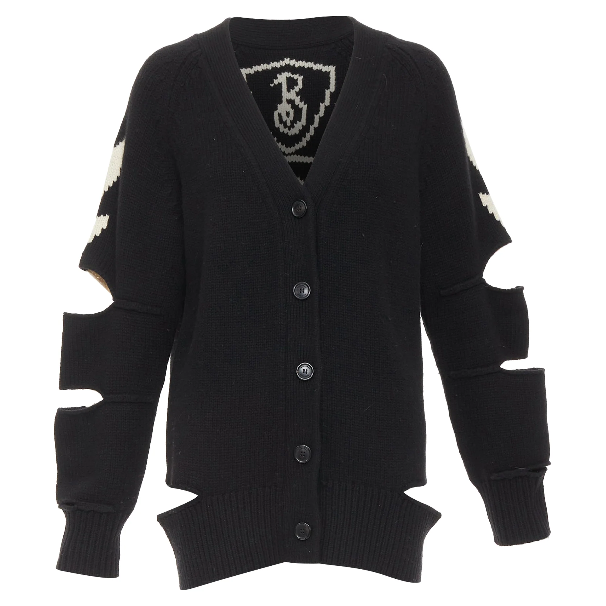 Women's BURBERRY Nyla black cream merino wool cashmere logo intarsia cut out cardigan S - Image 10