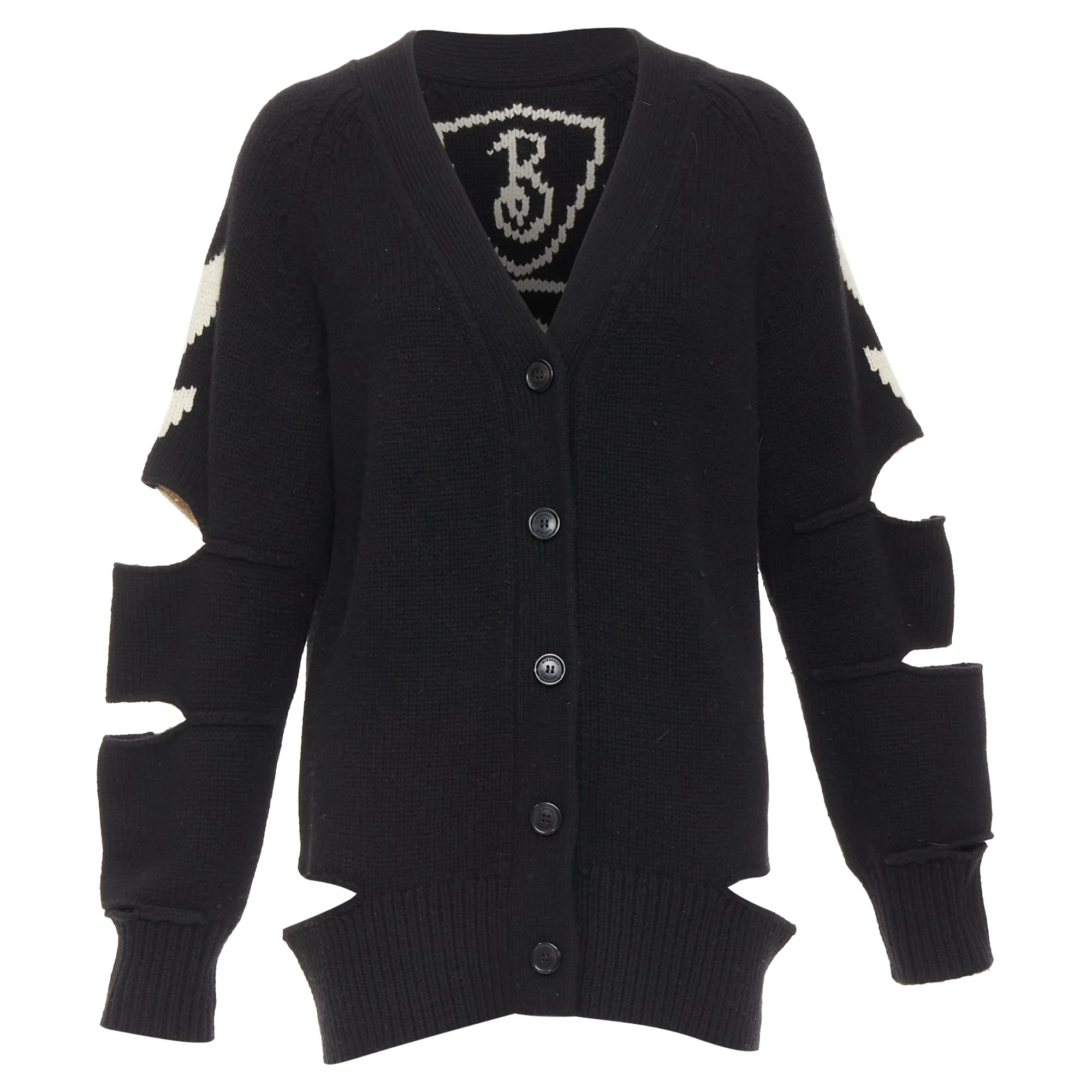 Women's BURBERRY Nyla black cream merino wool cashmere logo intarsia cut out cardigan S - Image 2