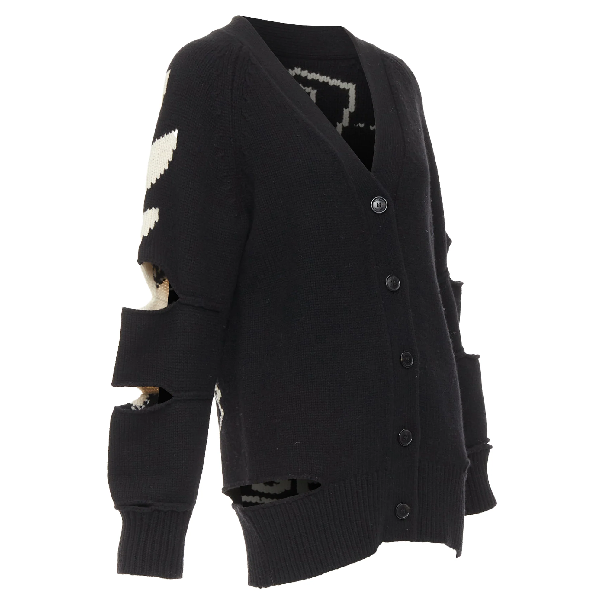 Women's BURBERRY Nyla black cream merino wool cashmere logo intarsia cut out cardigan S - Image 3