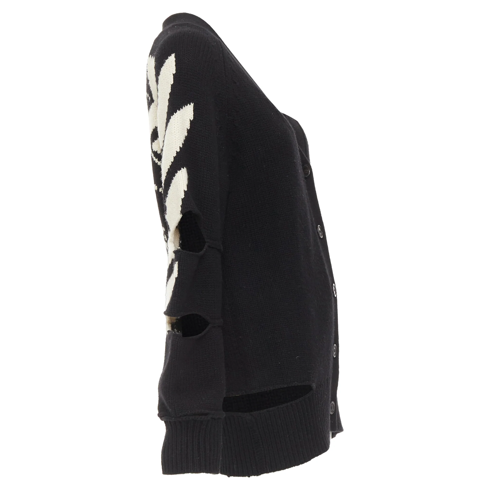 Women's BURBERRY Nyla black cream merino wool cashmere logo intarsia cut out cardigan S - Image 4