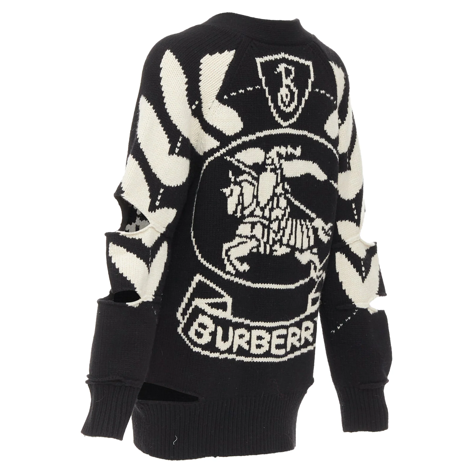 Women's BURBERRY Nyla black cream merino wool cashmere logo intarsia cut out cardigan S - Image 5