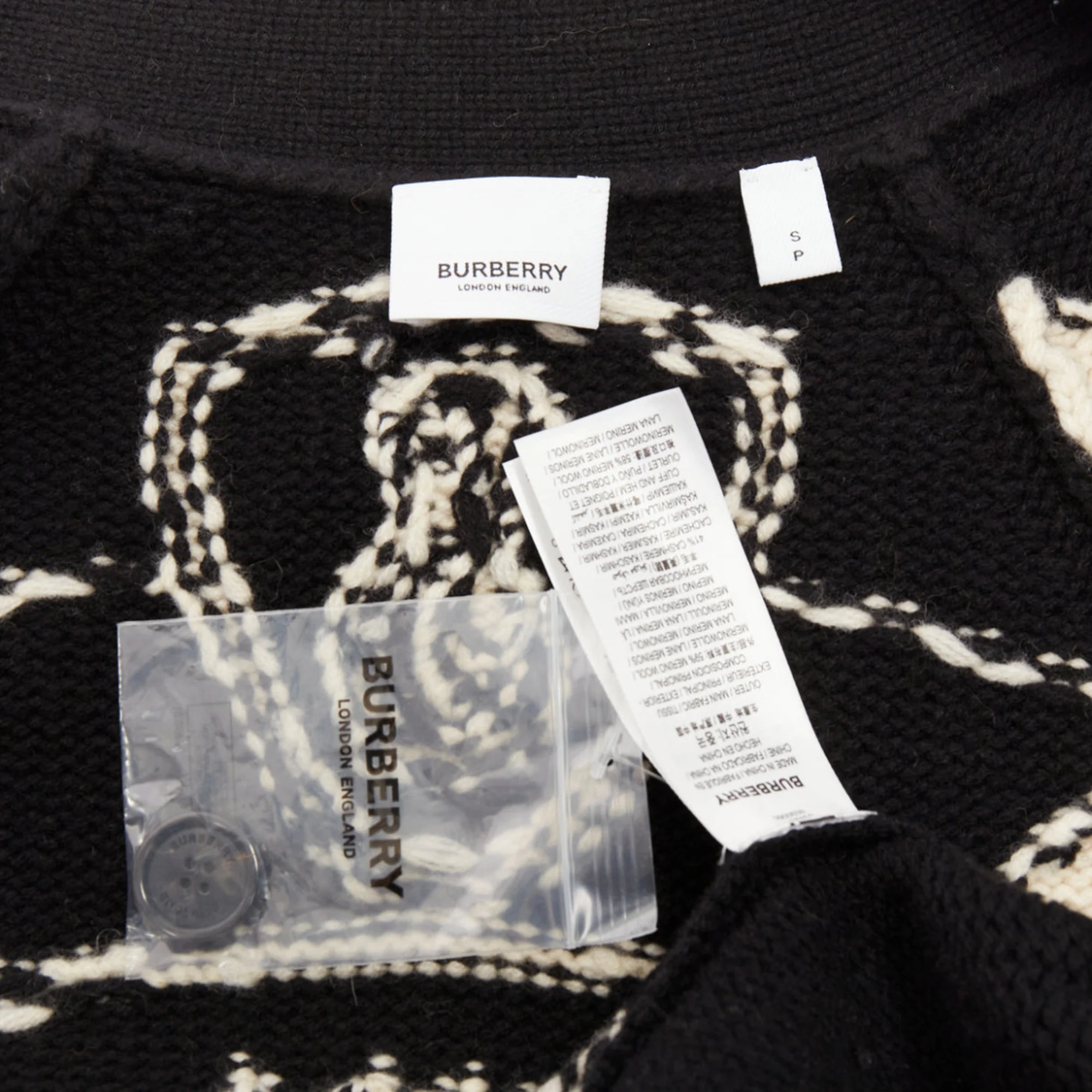 Women's BURBERRY Nyla black cream merino wool cashmere logo intarsia cut out cardigan S - Image 9