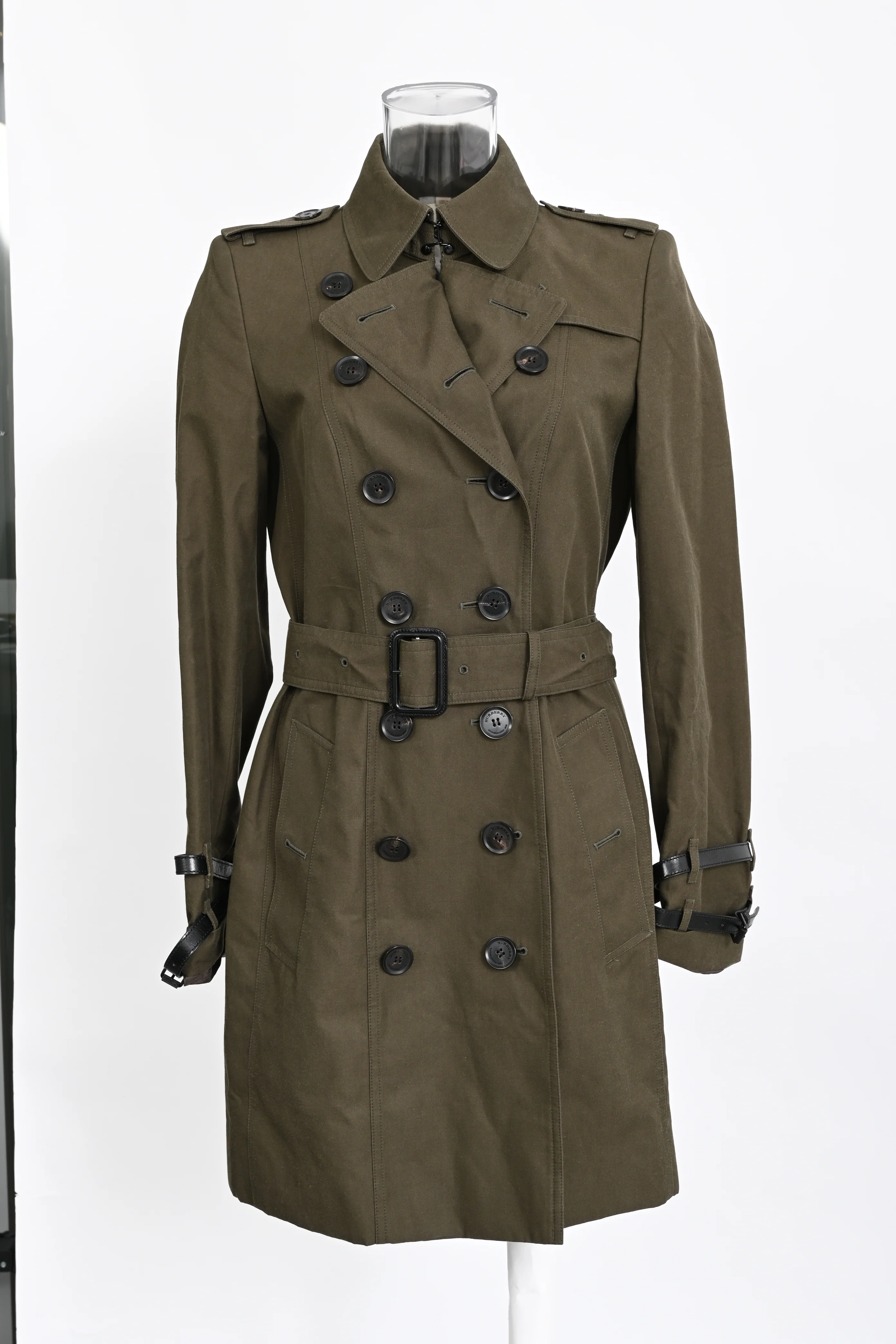 Women's Burberry Queensborough Mid-Length Trench Coat in Olive Cotton - Image 6