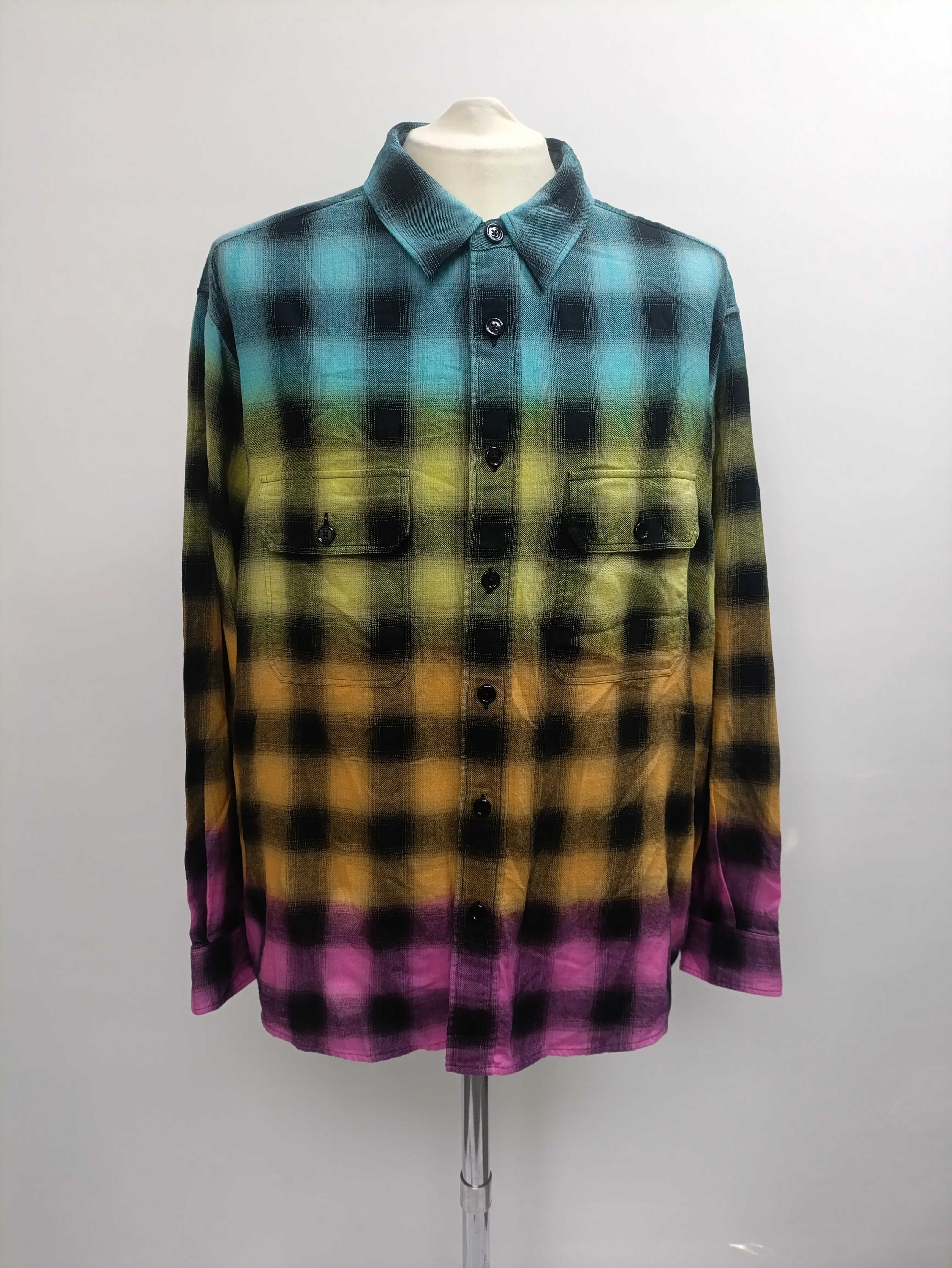 Men's Celine Tie-Dyed Checked Flannel Shirt in Multicolor Cotton - Image 6