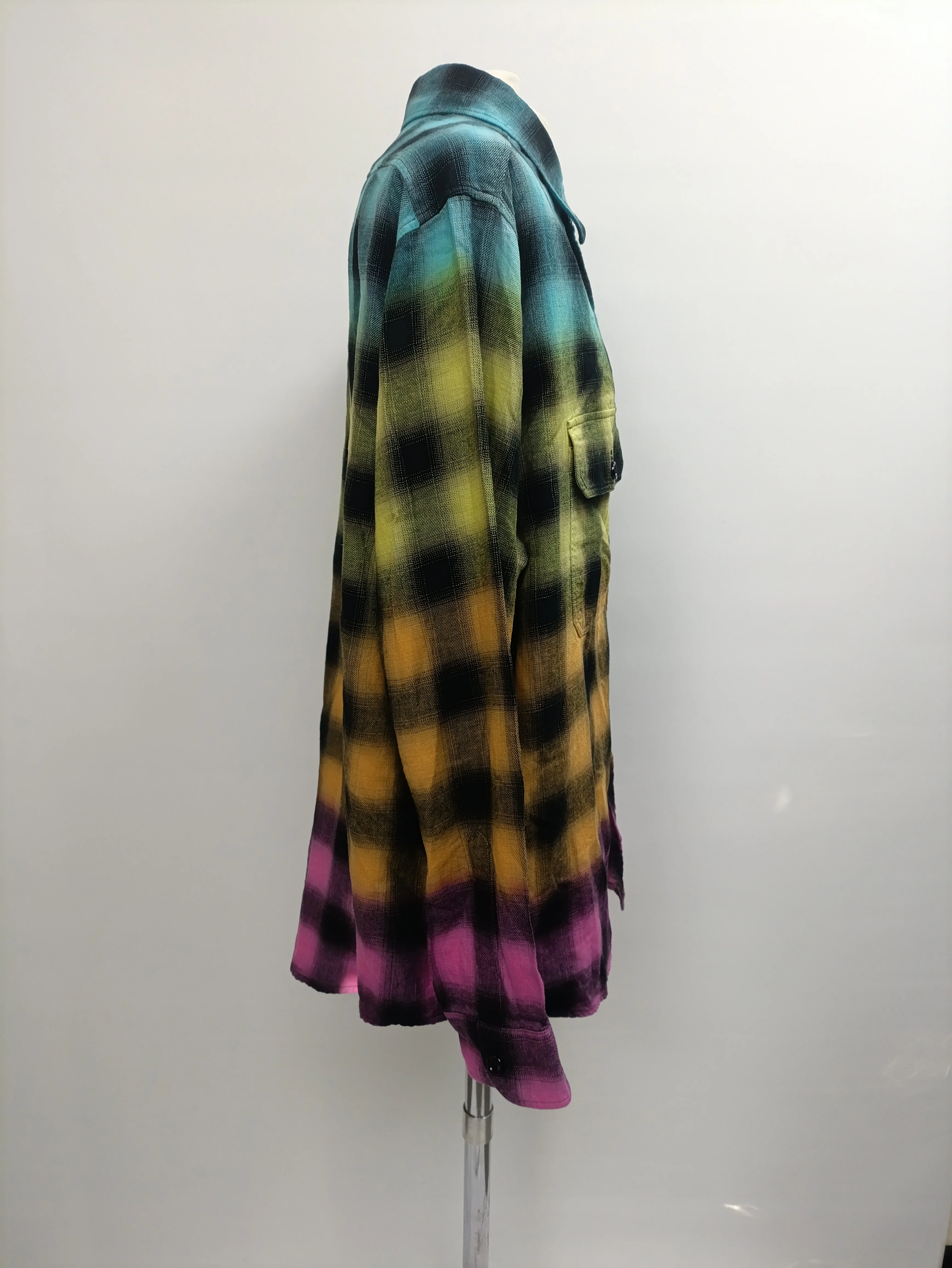 Men's Celine Tie-Dyed Checked Flannel Shirt in Multicolor Cotton - Image 9