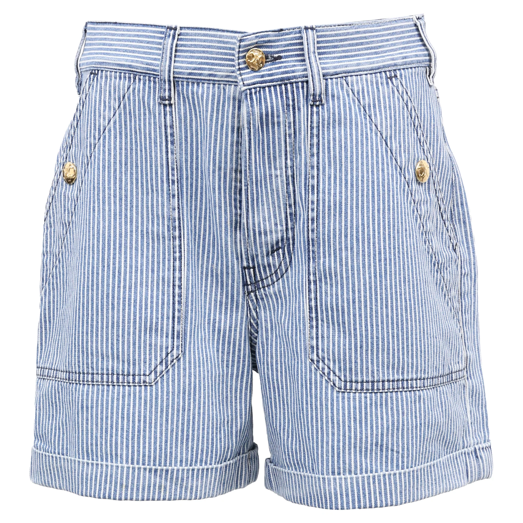 Women's  Celine Striped High-Rise Shorts in Blue Cotton Denim