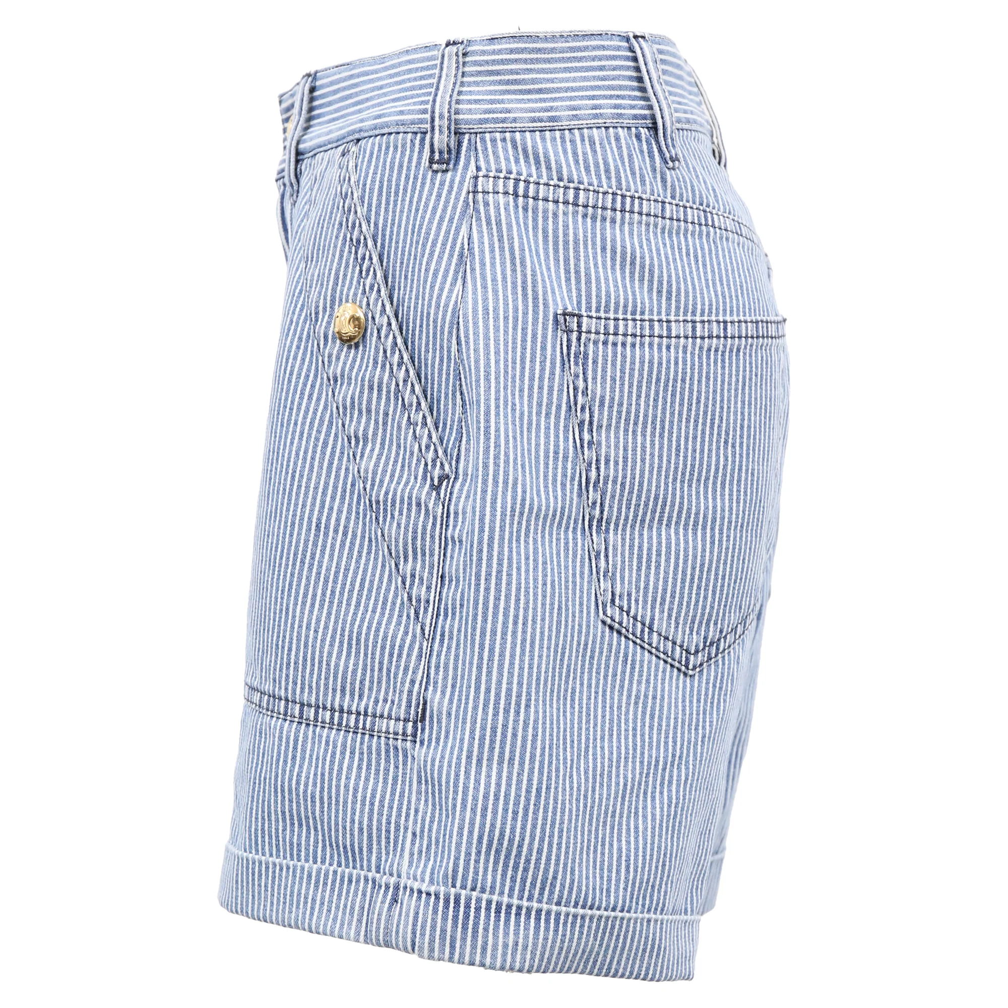 Women's  Celine Striped High-Rise Shorts in Blue Cotton Denim - Image 2