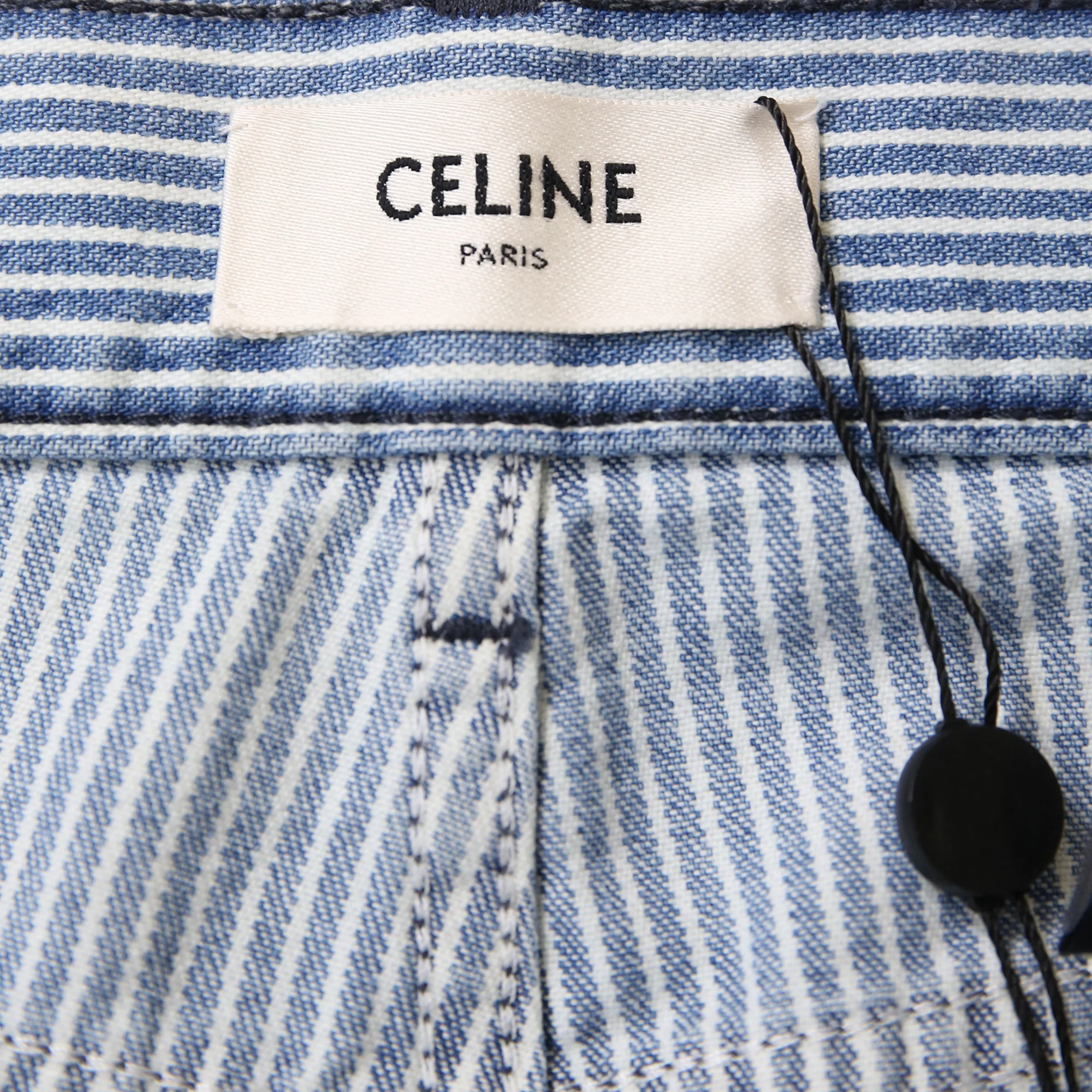 Women's  Celine Striped High-Rise Shorts in Blue Cotton Denim - Image 4