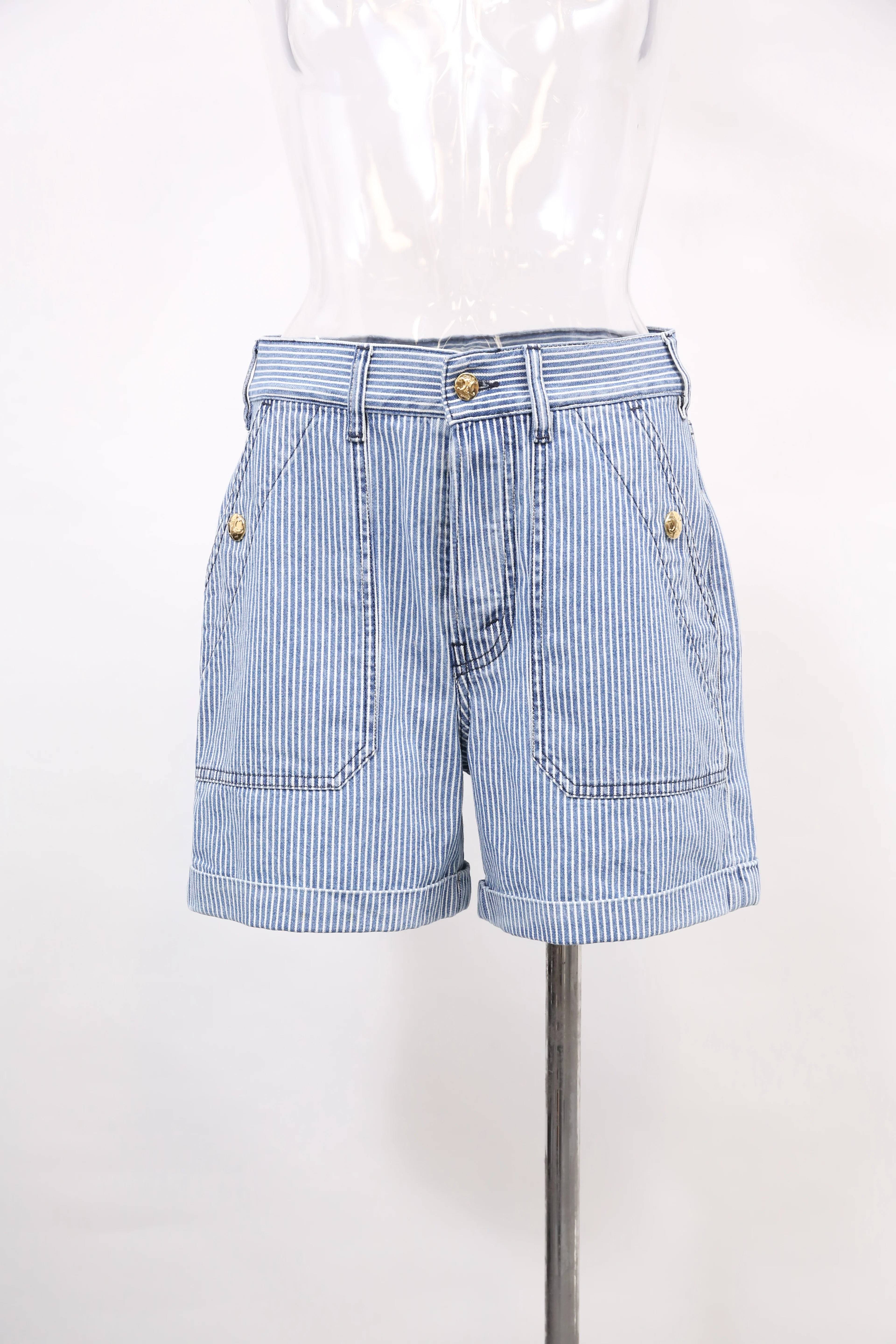 Women's  Celine Striped High-Rise Shorts in Blue Cotton Denim - Image 5