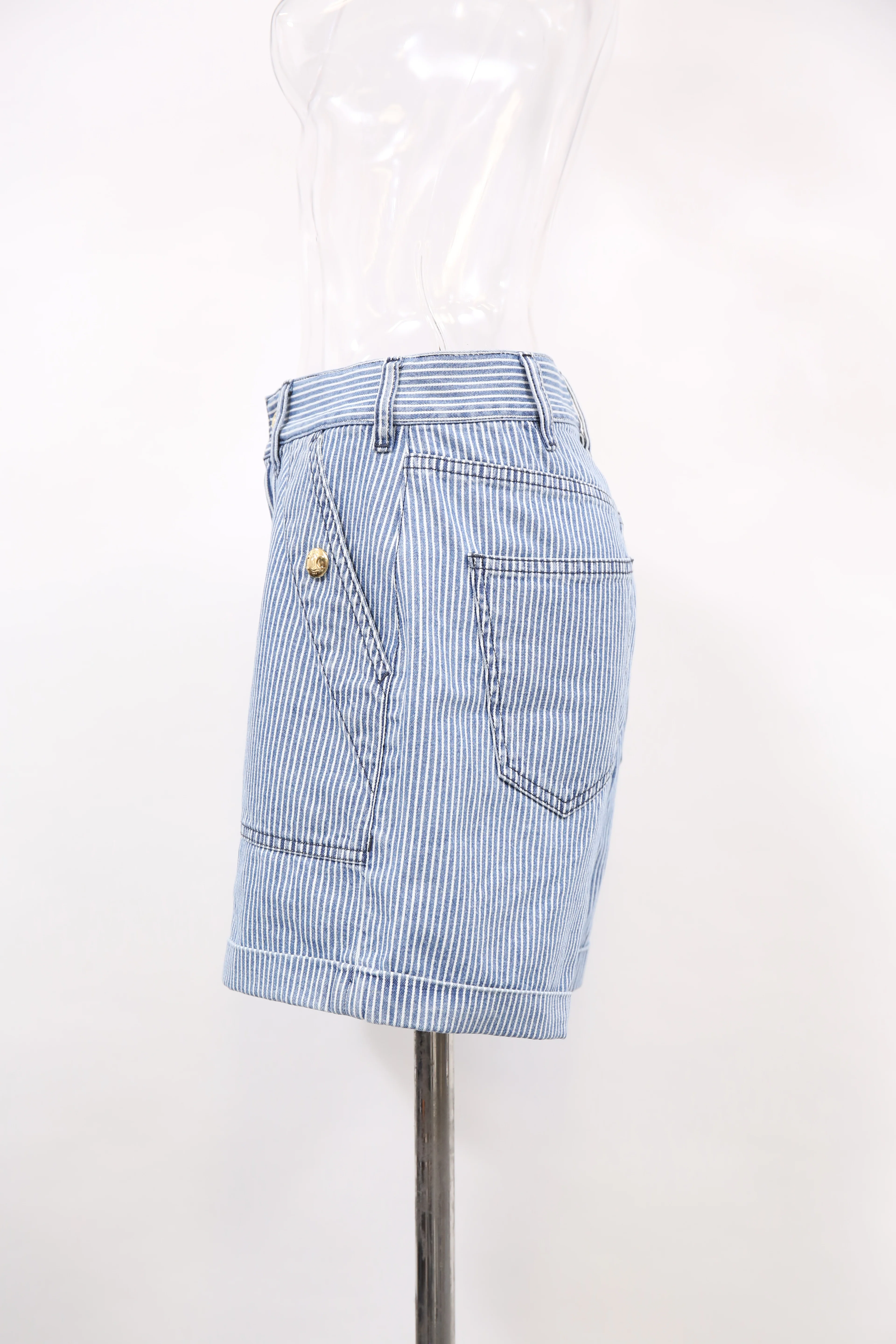 Women's  Celine Striped High-Rise Shorts in Blue Cotton Denim - Image 6