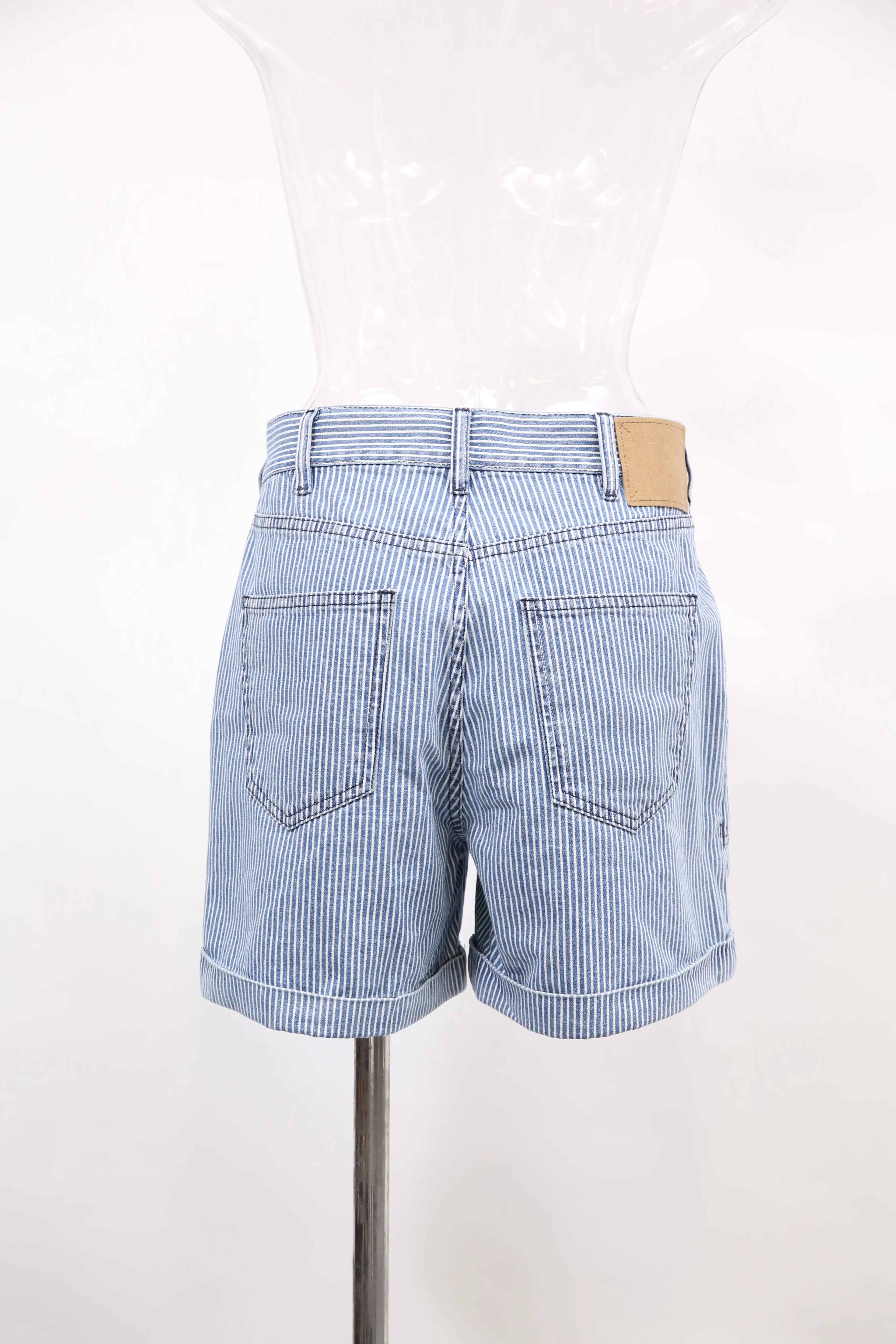 Women's  Celine Striped High-Rise Shorts in Blue Cotton Denim - Image 7