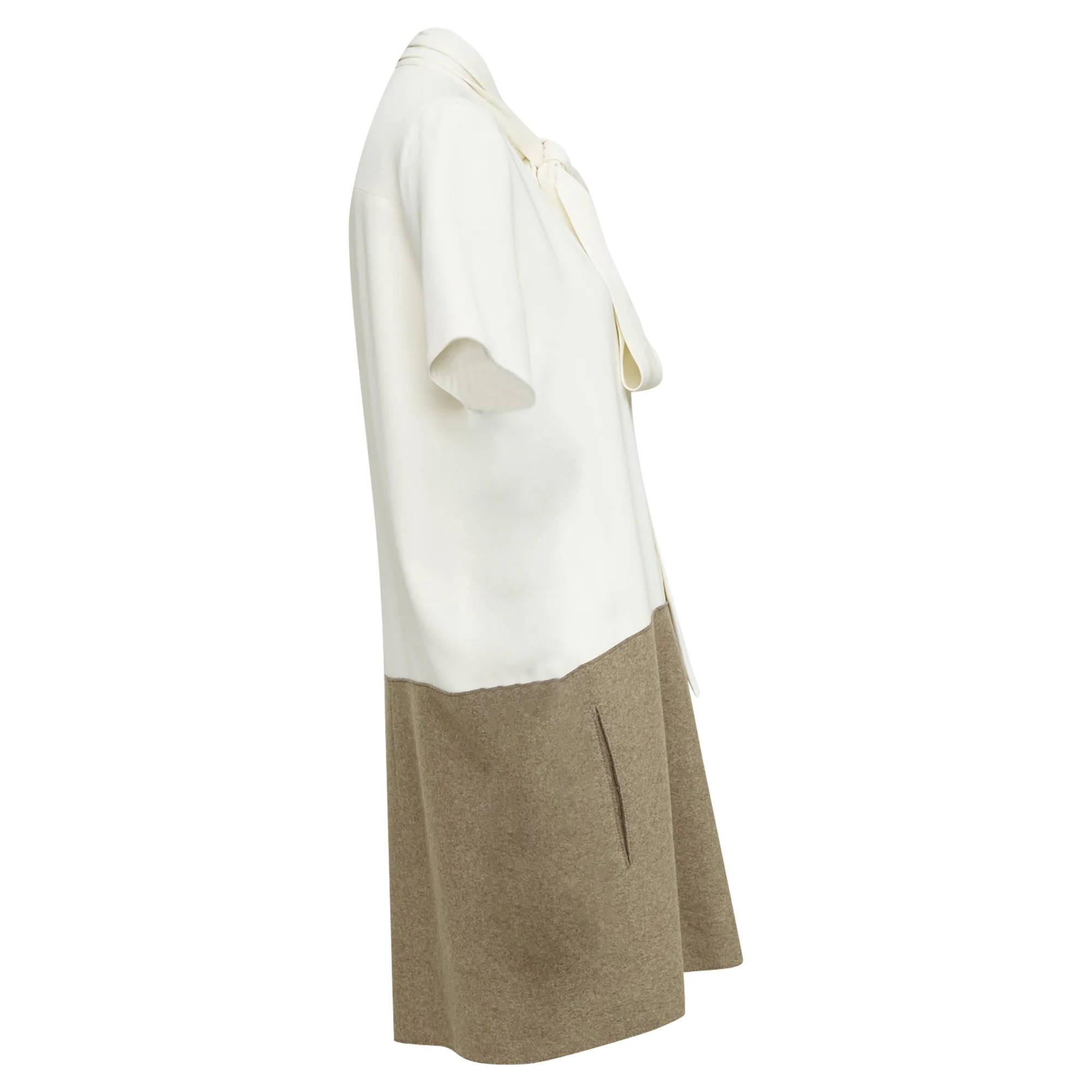 Women's OLD CELINE Phoebe Philo cream taupe silk wool felt drop waist shirt dress FR38 M - Image 4