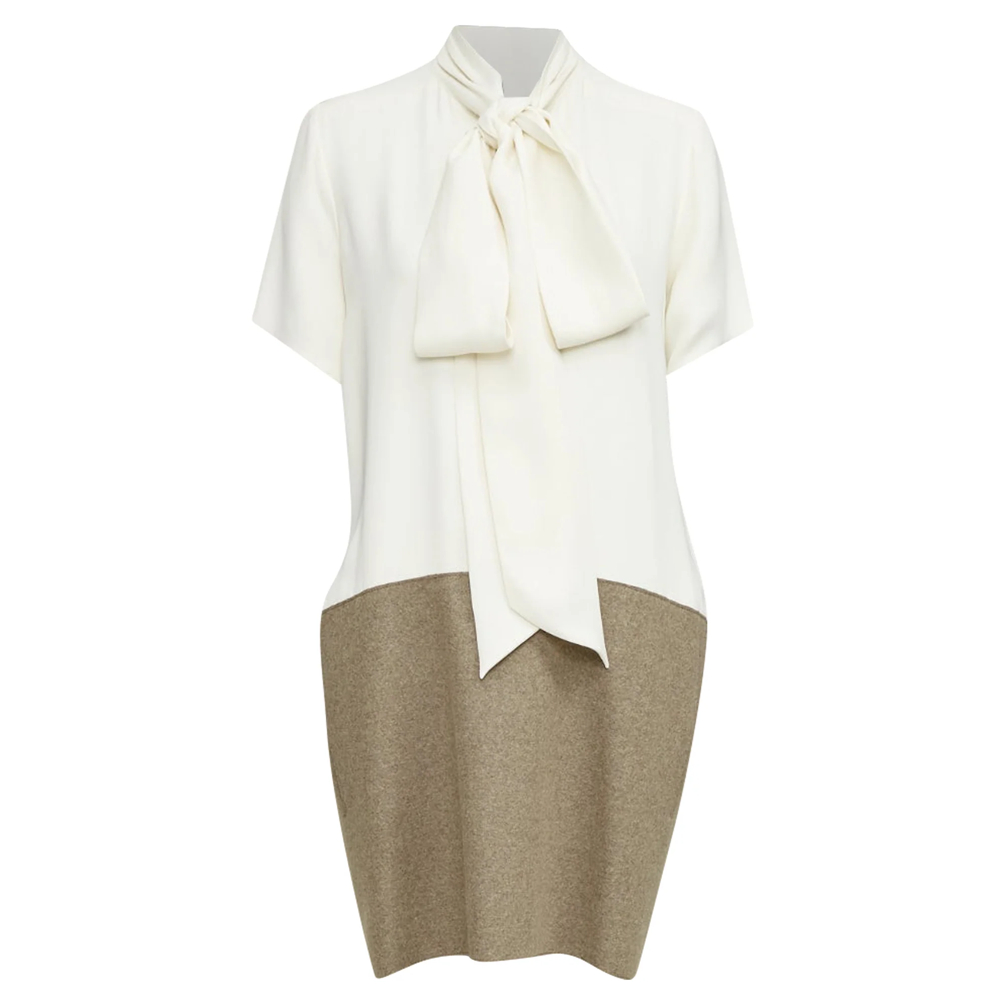 Women's OLD CELINE Phoebe Philo cream taupe silk wool felt drop waist shirt dress FR38 M - Image 9