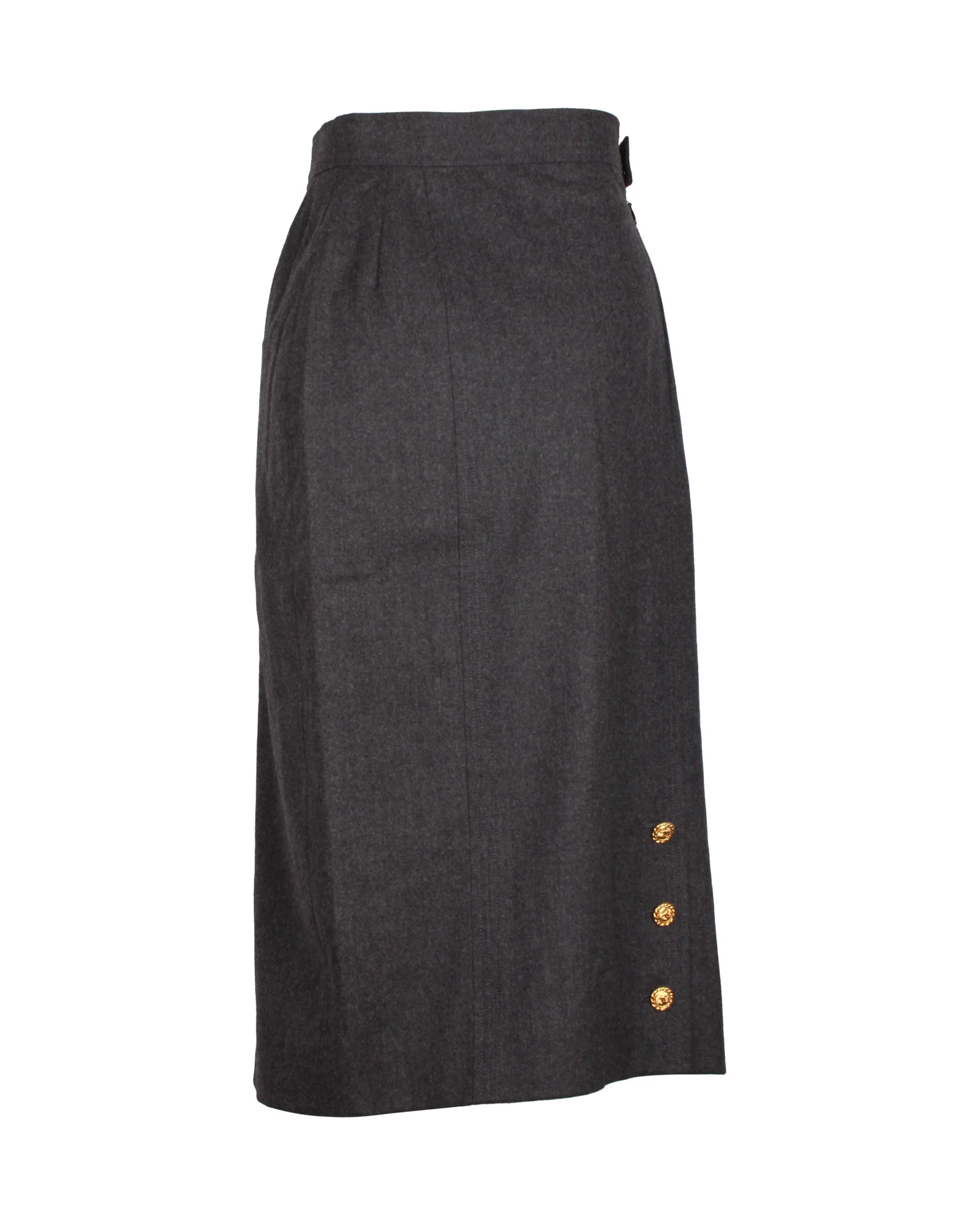 Women's Chanel Gold Button Midi Skirt in Grey Wool