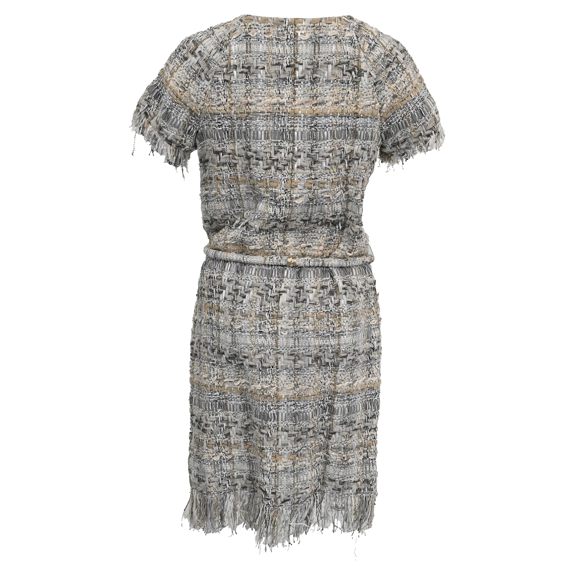 Women's Chanel Pale Tweed Waist Tie Detail Zip Front Dress in Grey Nylon - Image 3