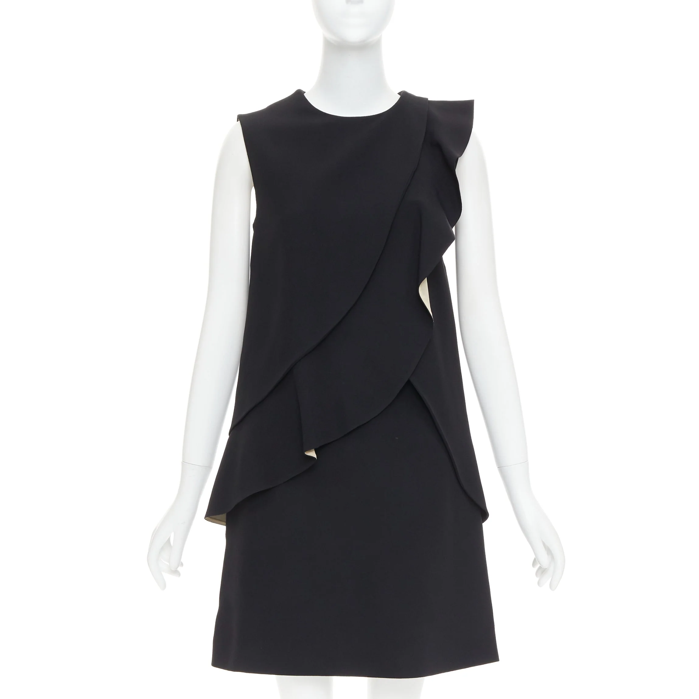 Women's CHLOE black crepe cream silk trim asymmetric ruffle shift dress FR36 S