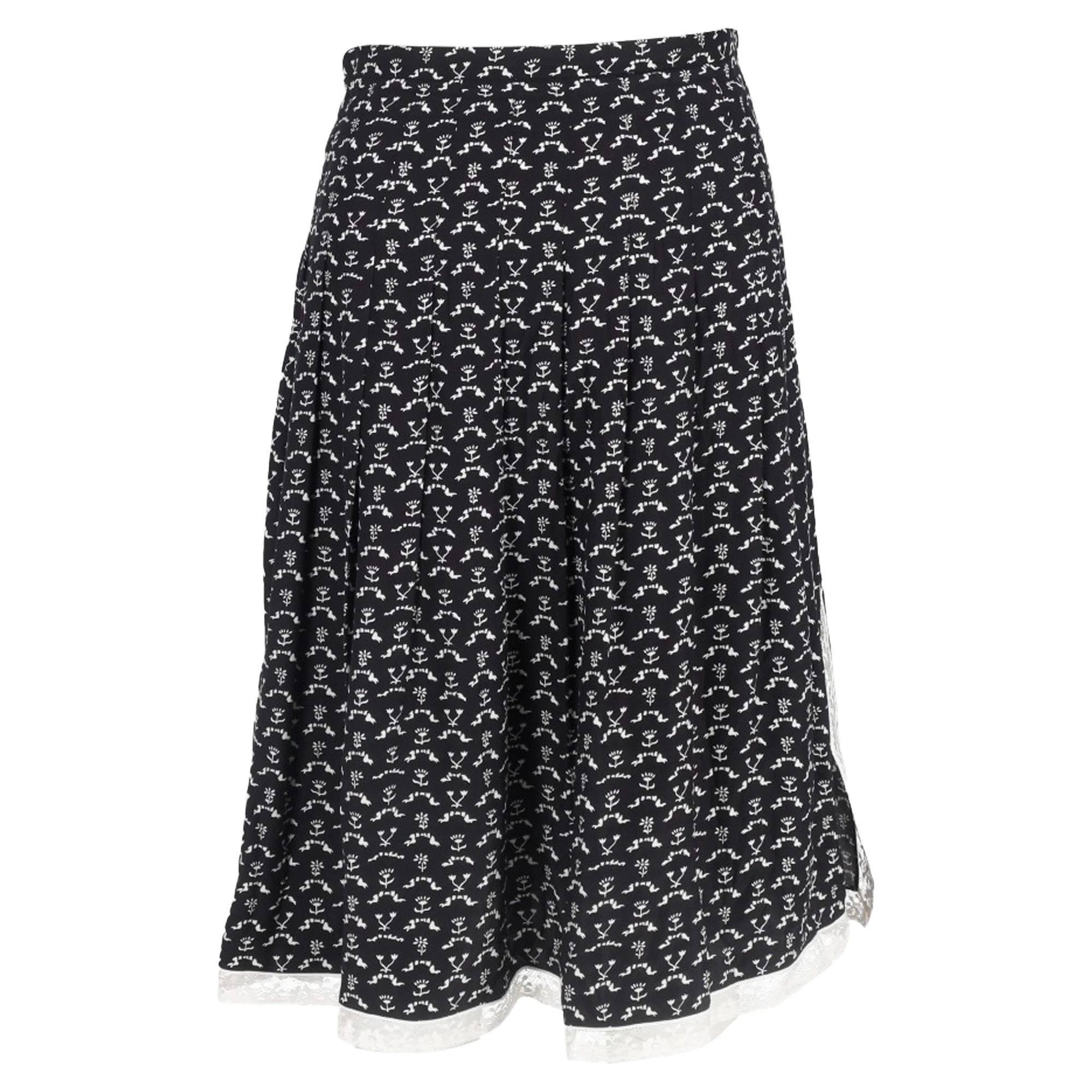 Women's Chloé Flower Printed Pleated Midi Skirt in Black Cotton