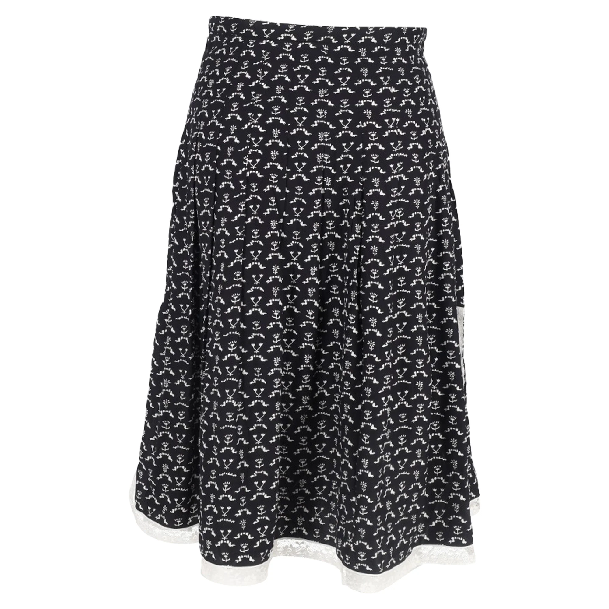 Women's Chloé Flower Printed Pleated Midi Skirt in Black Cotton - Image 3