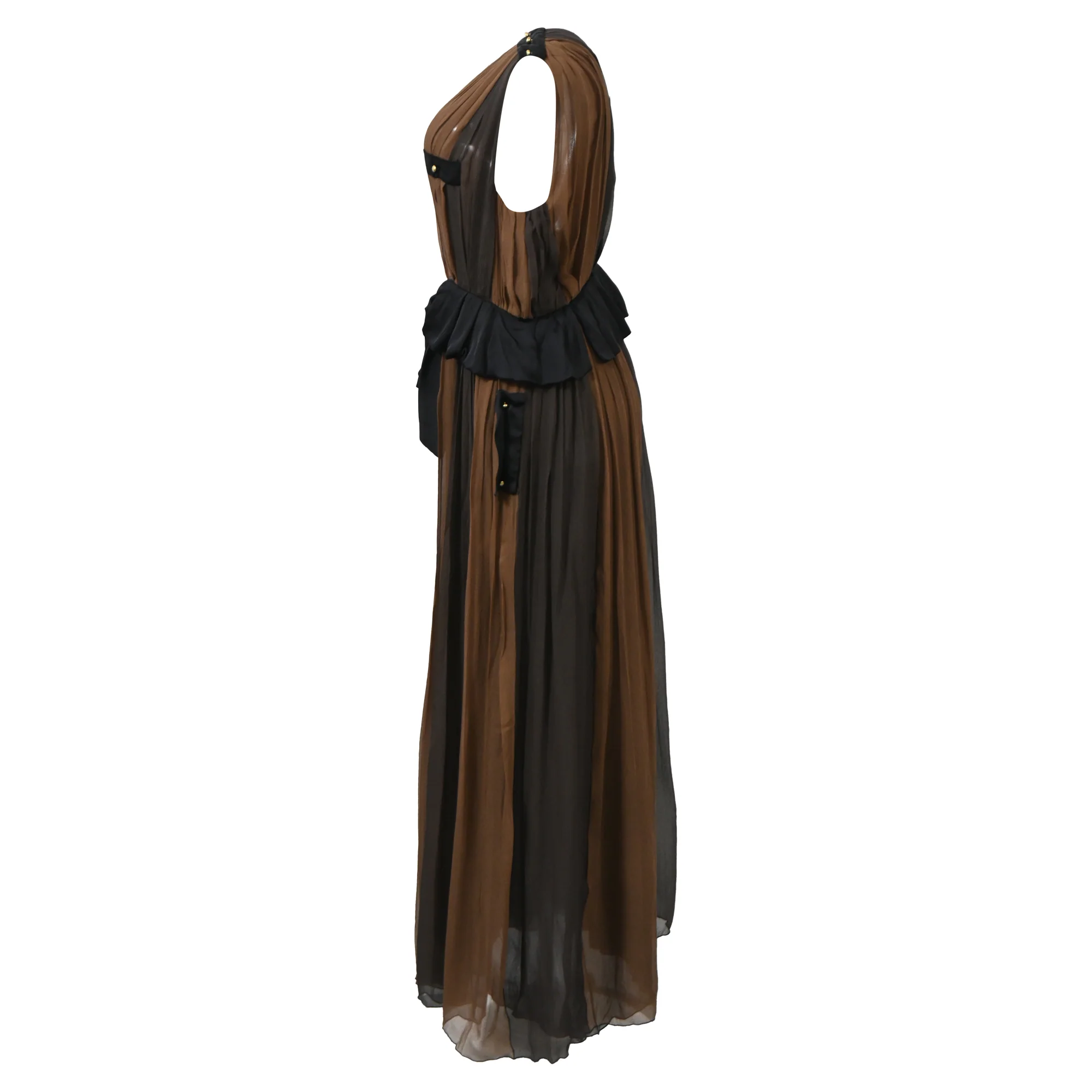 Women's Chloé Pleated Deep Neck Maxi Dress in Brown and Black Silk Chiffon - Image 2
