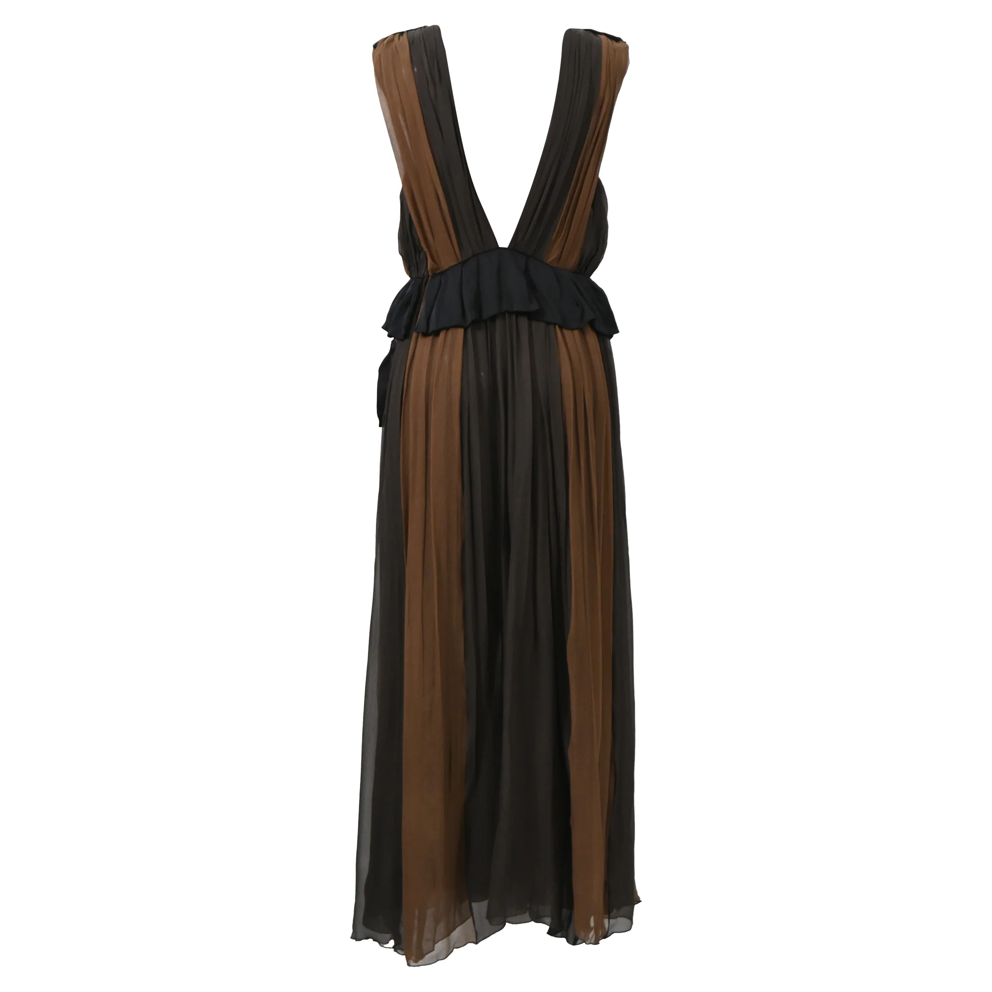 Women's Chloé Pleated Deep Neck Maxi Dress in Brown and Black Silk Chiffon - Image 3