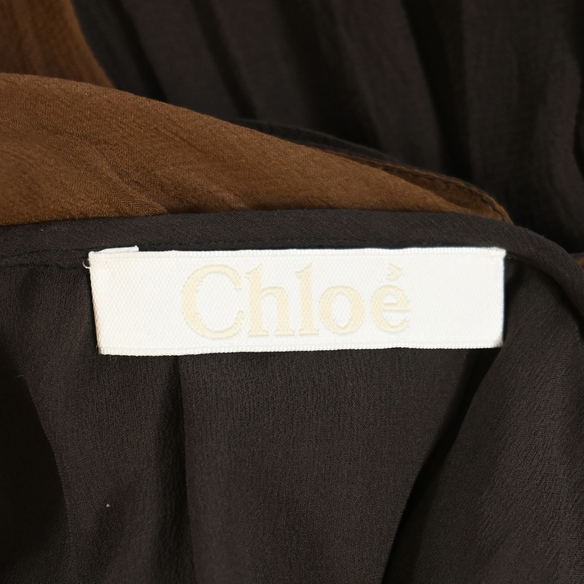 Women's Chloé Pleated Deep Neck Maxi Dress in Brown and Black Silk Chiffon - Image 4