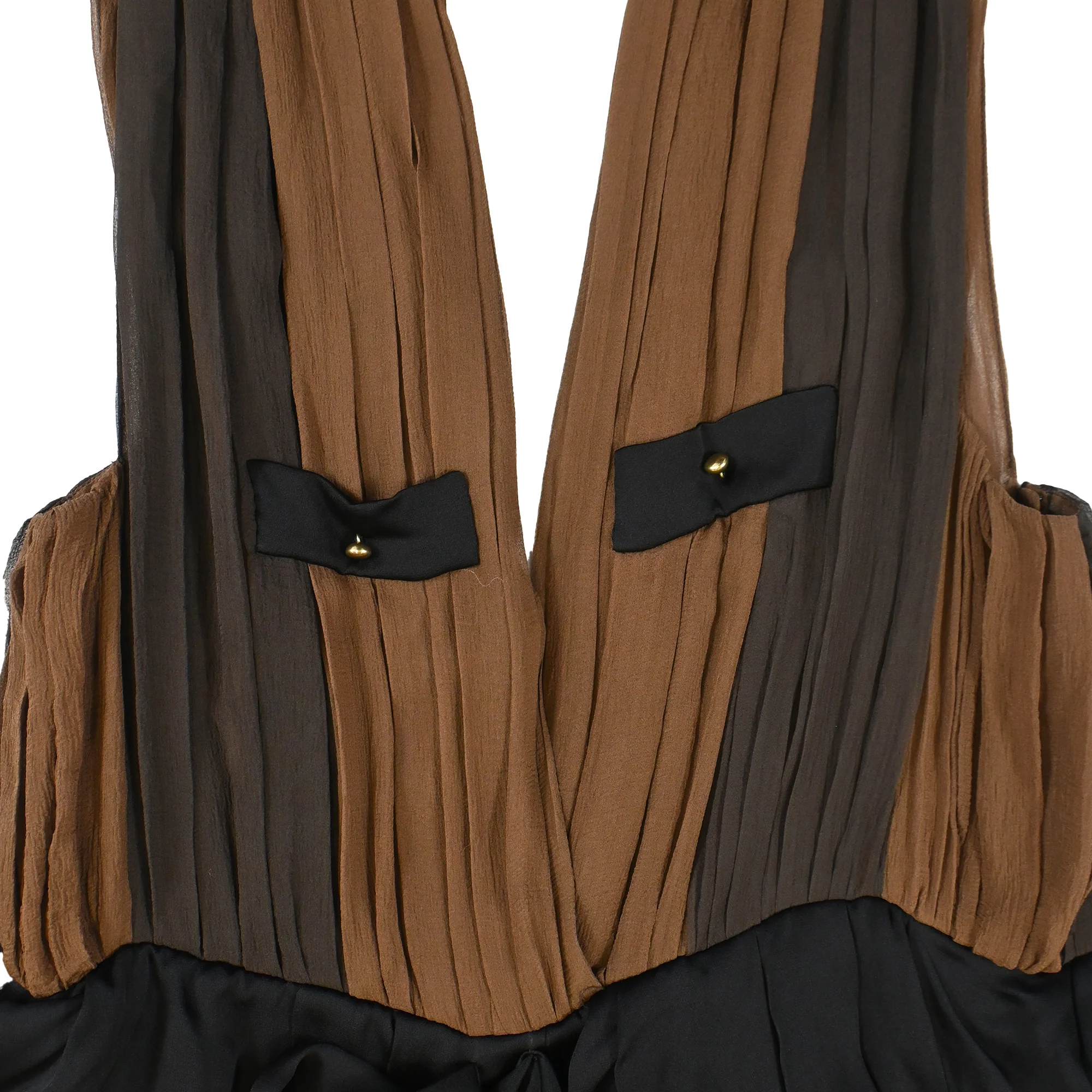 Women's Chloé Pleated Deep Neck Maxi Dress in Brown and Black Silk Chiffon - Image 5
