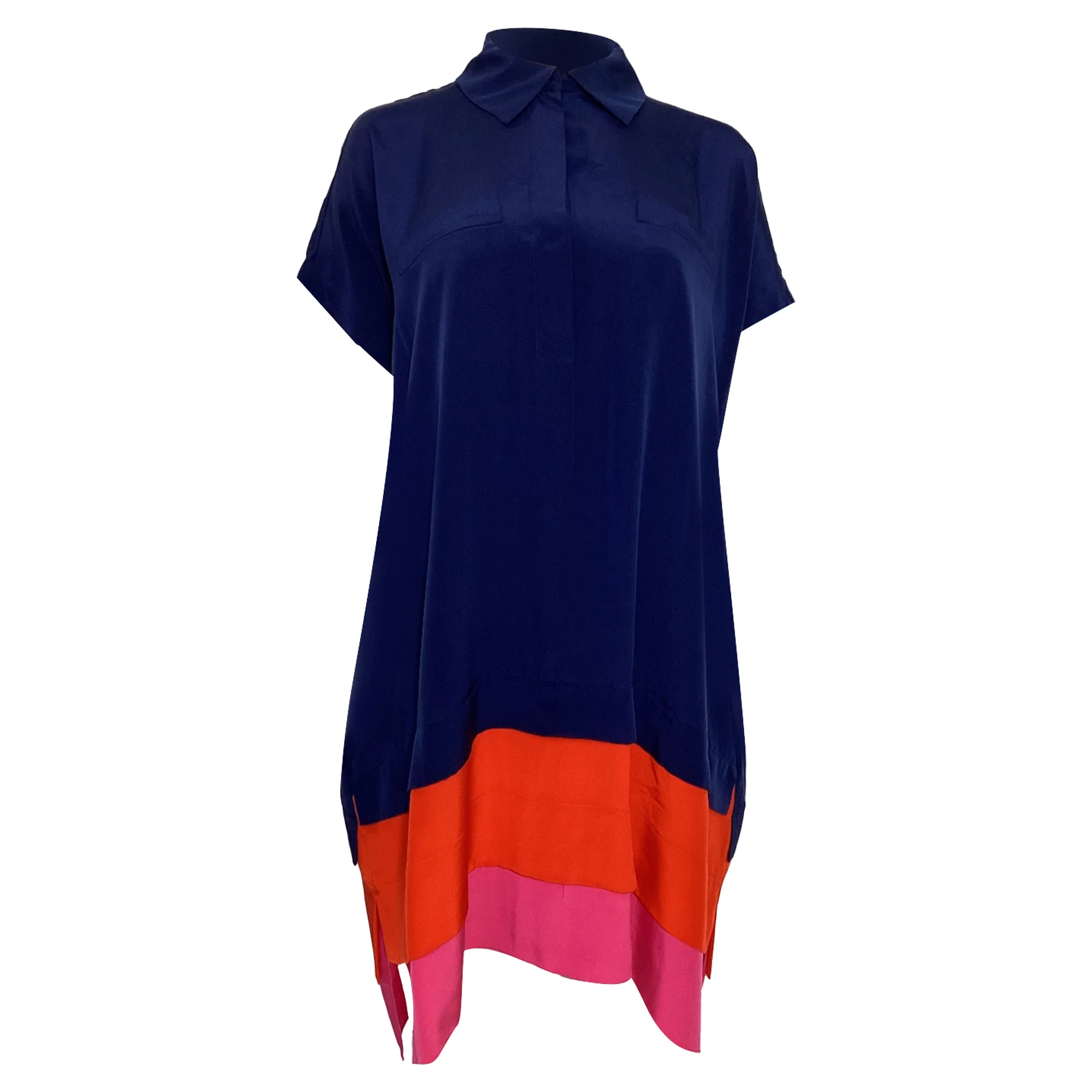 Women's Diane Von Furstenberg Hatsu Layered Colorblock Crepe De Chine Mini Shirt Dress in Navy Blue Silk