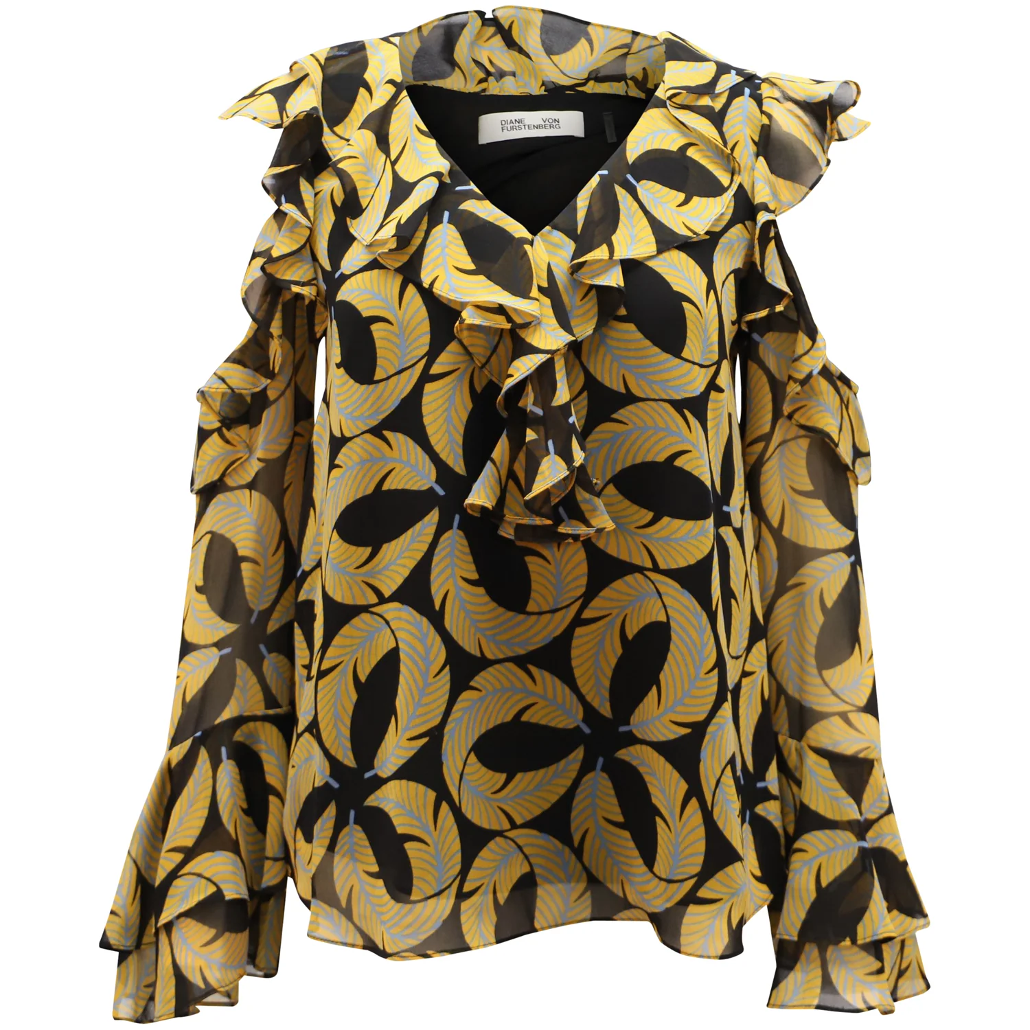Women's Diane Von Furstenberg Ruffled Blouse with Cut Out Shoulder Bell Sleeves in Multicolor Polyester