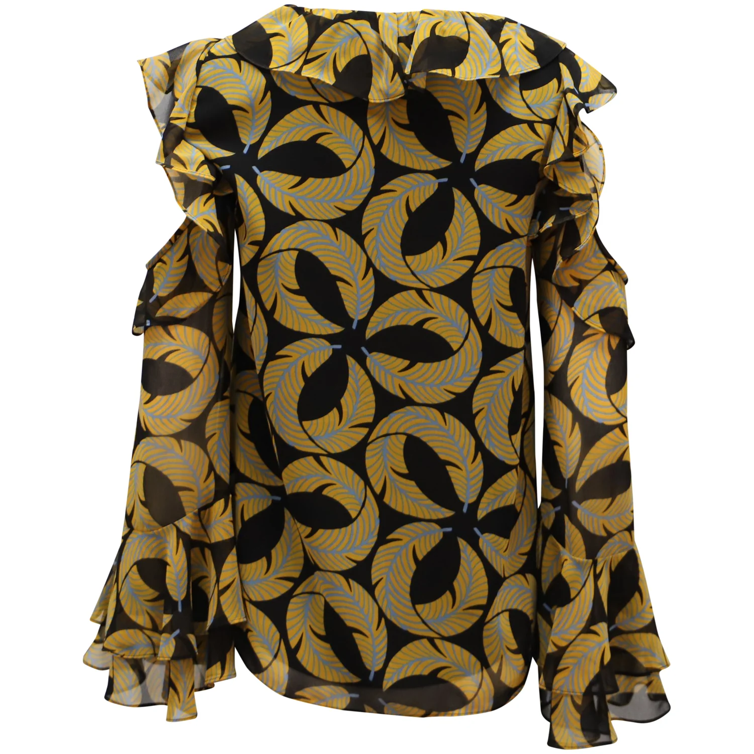 Women's Diane Von Furstenberg Ruffled Blouse with Cut Out Shoulder Bell Sleeves in Multicolor Polyester - Image 2