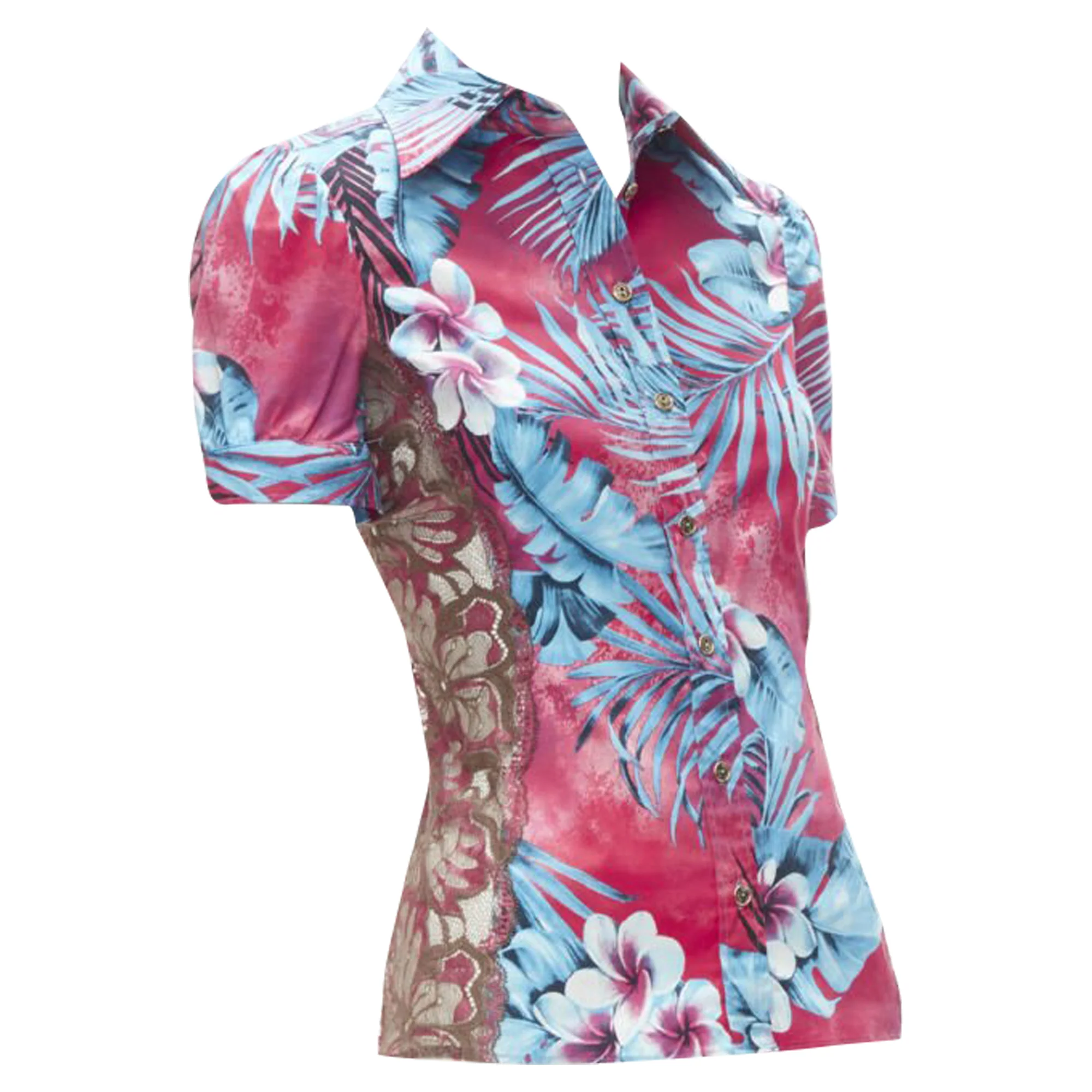 Women's D&G Dolce & Gabbana sheer lace panel side Hawaiian shirt