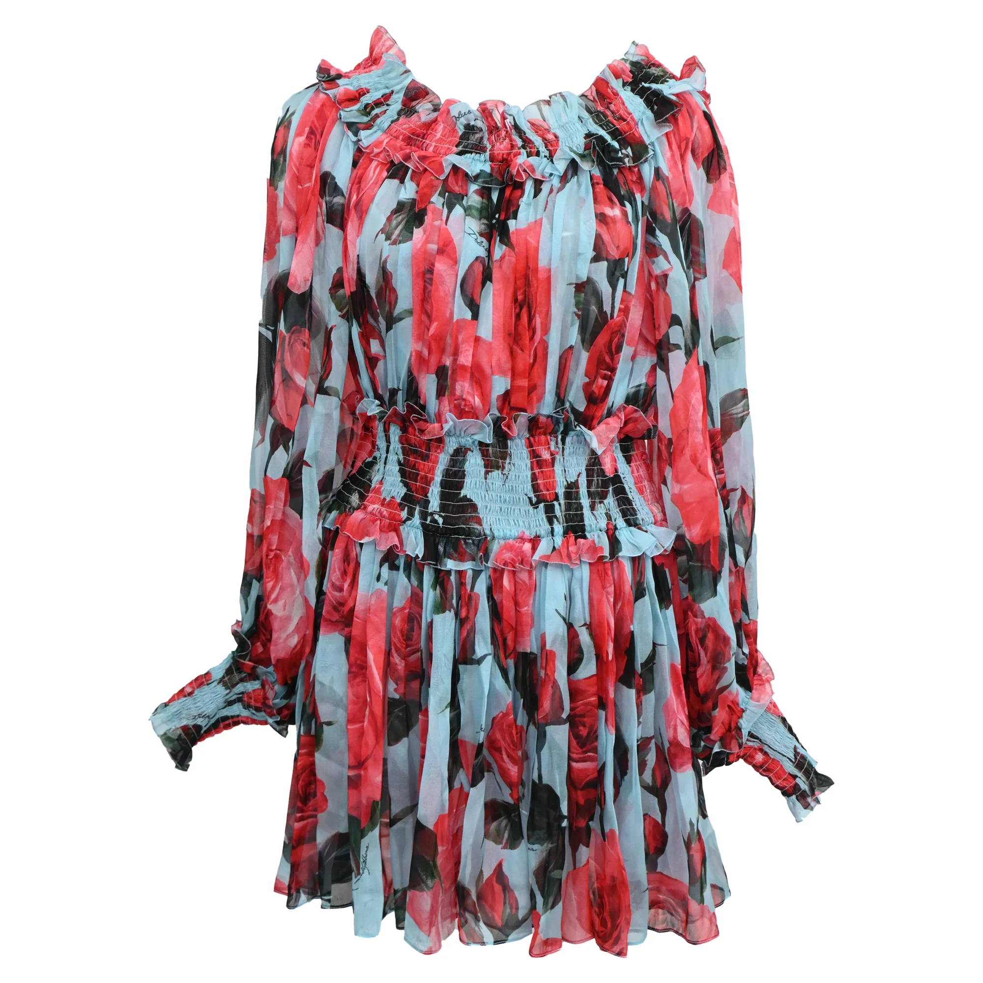 Women's Dolce & Gabbana Cold-Shoulder Floral-Print Mini Dress in Multicolor Silk
