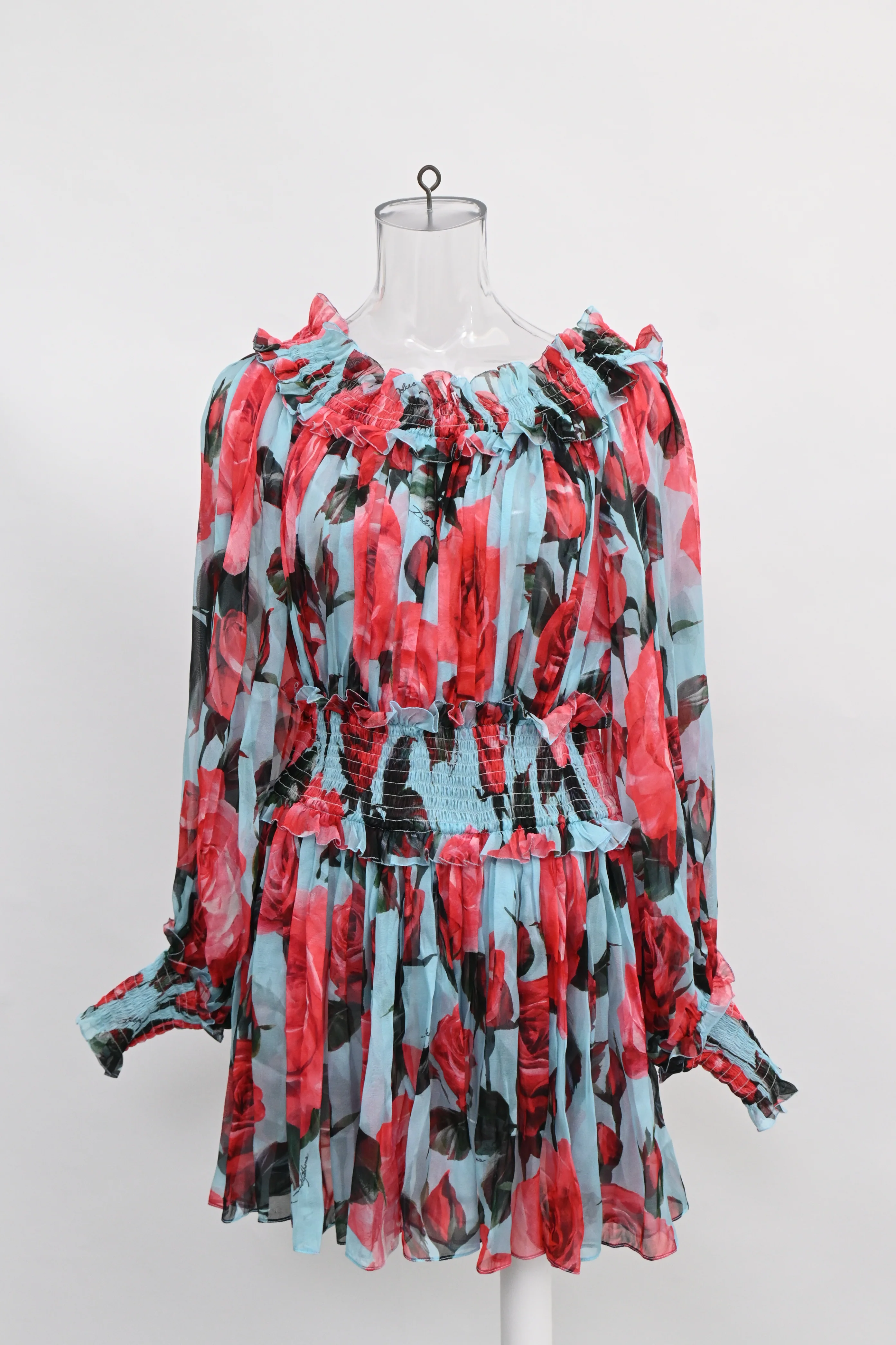 Women's Dolce & Gabbana Cold-Shoulder Floral-Print Mini Dress in Multicolor Silk - Image 6