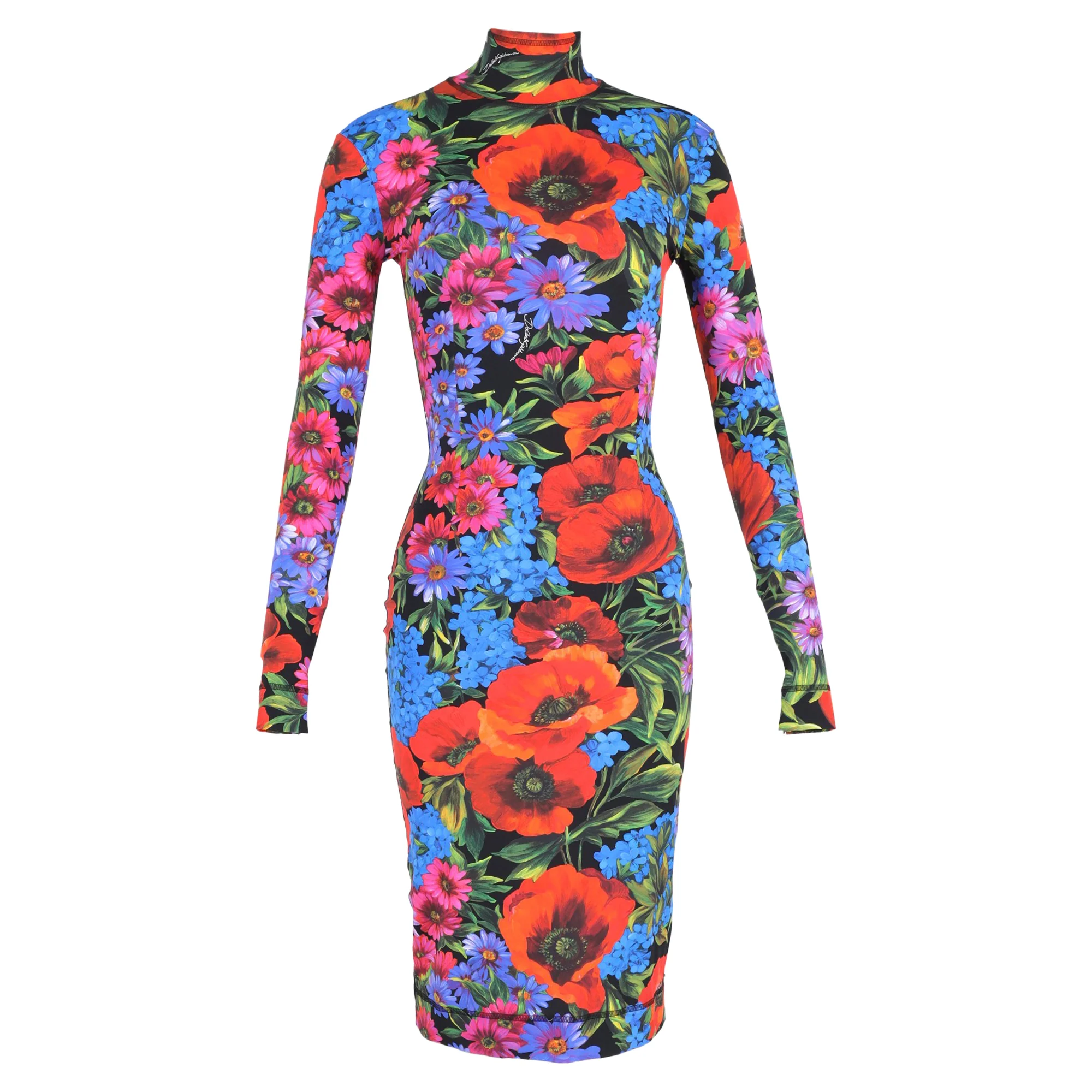 Women's Dolce & Gabbana Floral Print Turtleneck Bodycon Dress in Multicolor Polyamide