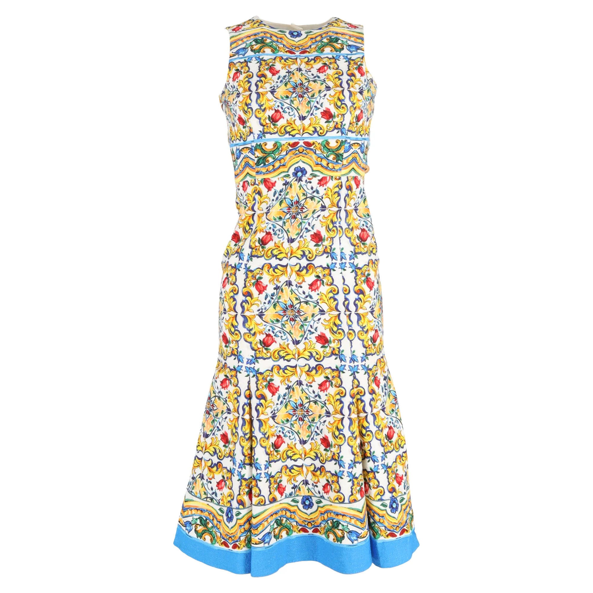 Women's Dolce & Gabbana Majolica Printed Midi Backless Dress in Multicolor Cotton
