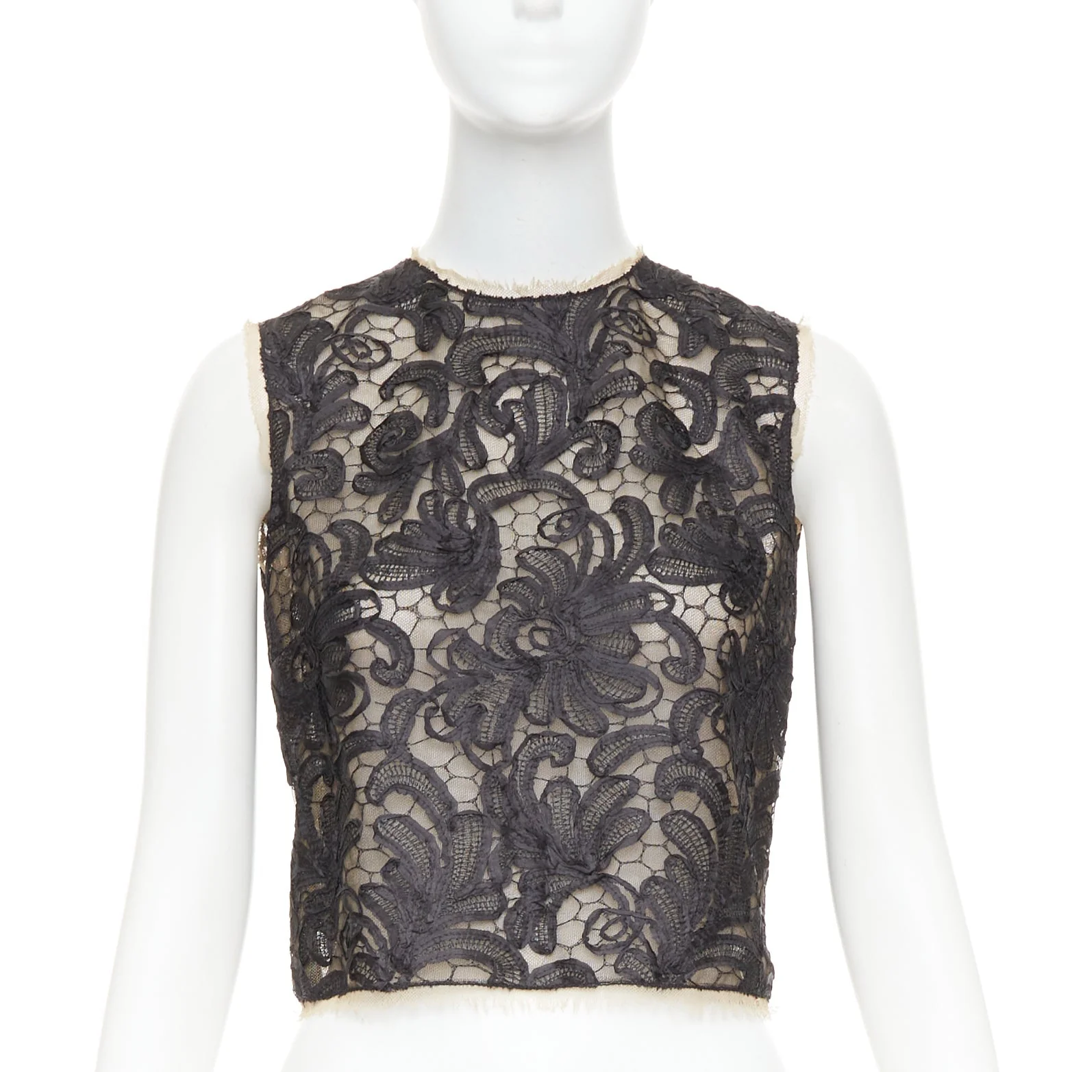 Women's Dolce Gabbana overlay applique lace crew neck crop top