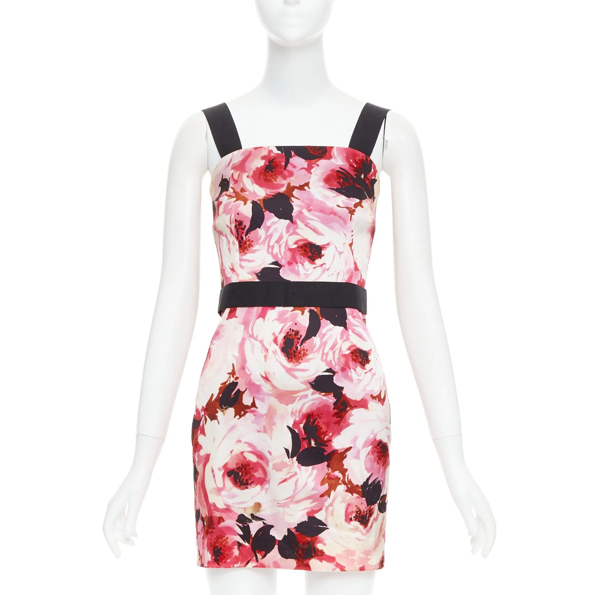 Women's DOLCE GABBANA Vintage pink rose peonies floral black strap mini dress IT40 S