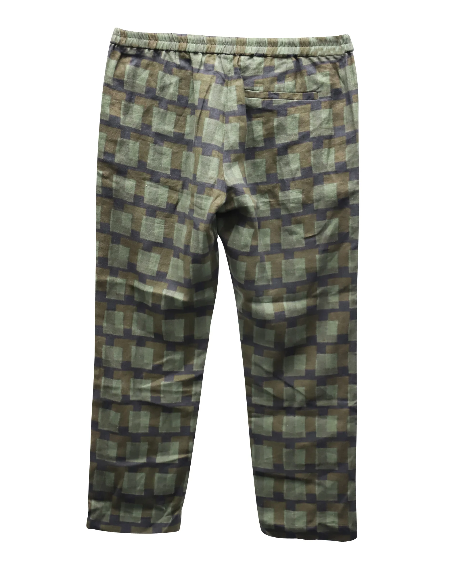 Men's Dries Van Noten Check Linen Trousers in Green Linen - Image 2