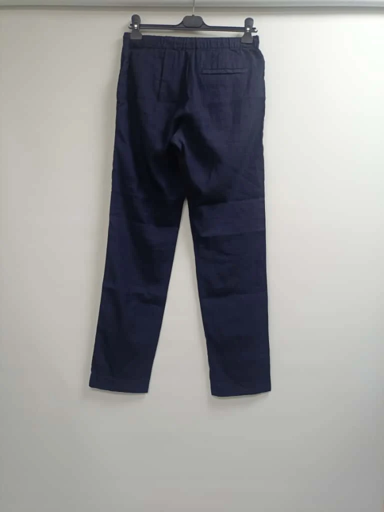Men's Dries Van Noten Drawstring Straight-Leg Trousers in Navy Blue Linen - Image 10