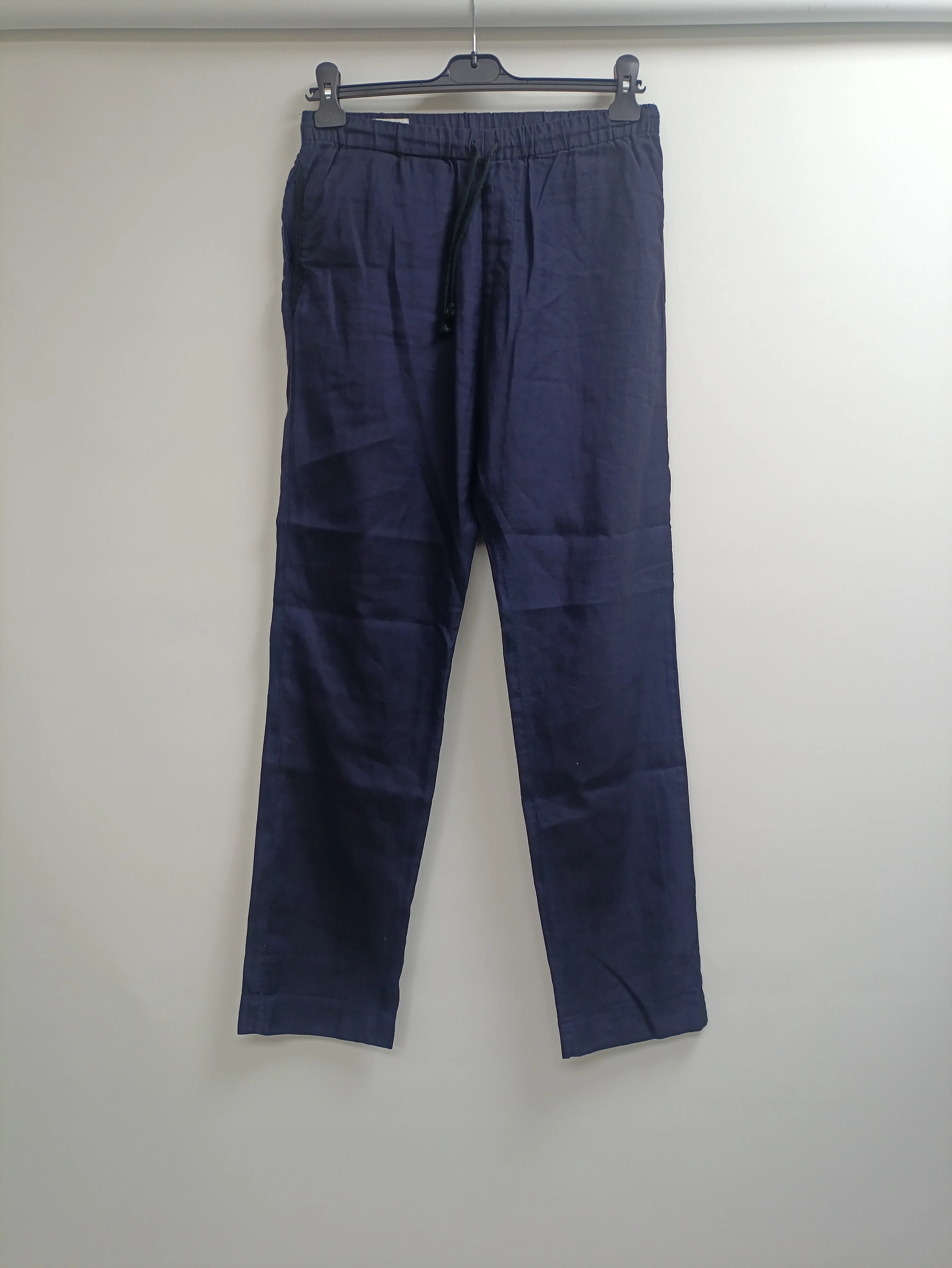 Men's Dries Van Noten Drawstring Straight-Leg Trousers in Navy Blue Linen - Image 7