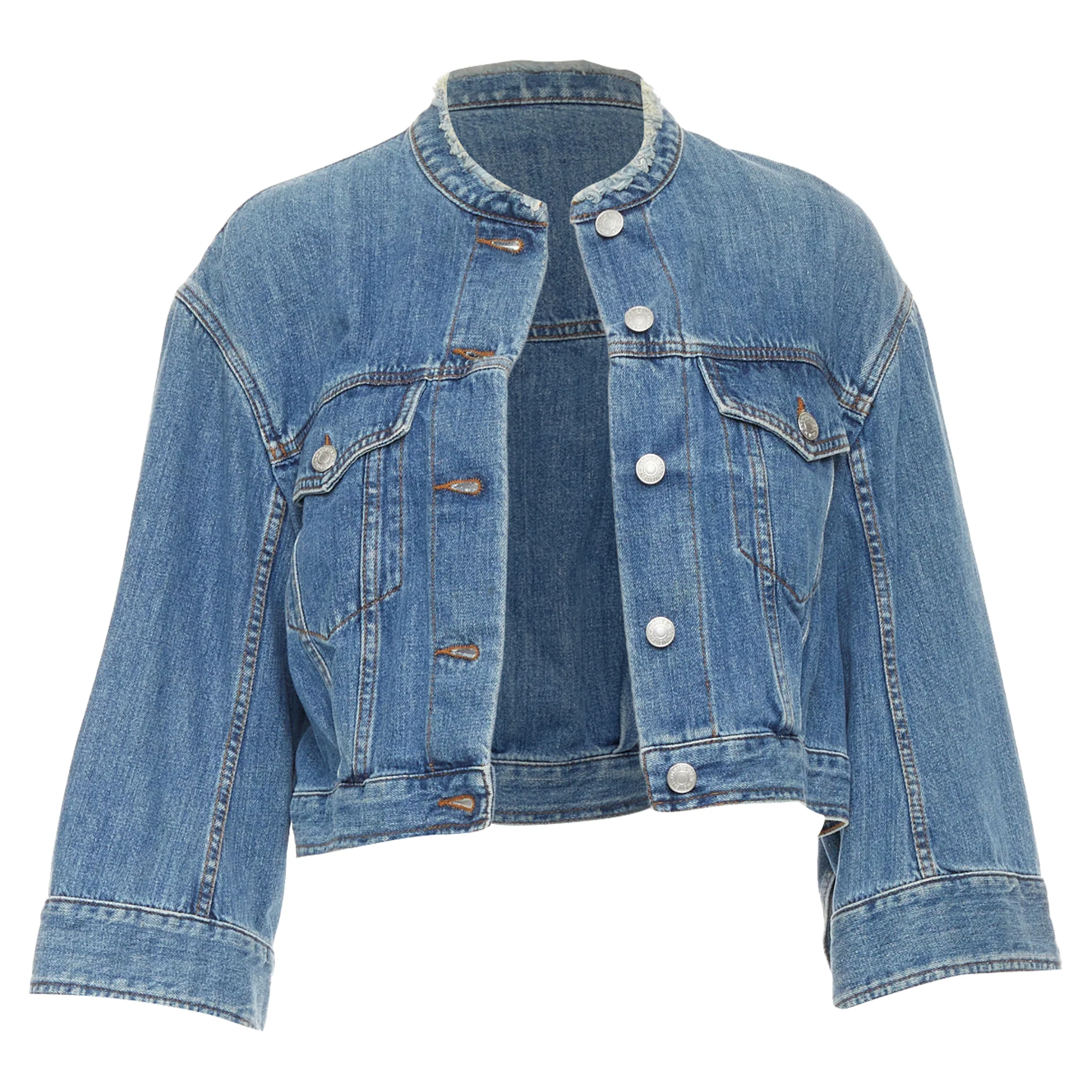 Women's DRIES VAN NOTEN 2017 blue washed distressed 3/4 sleeve crop denim jacket FR38 M