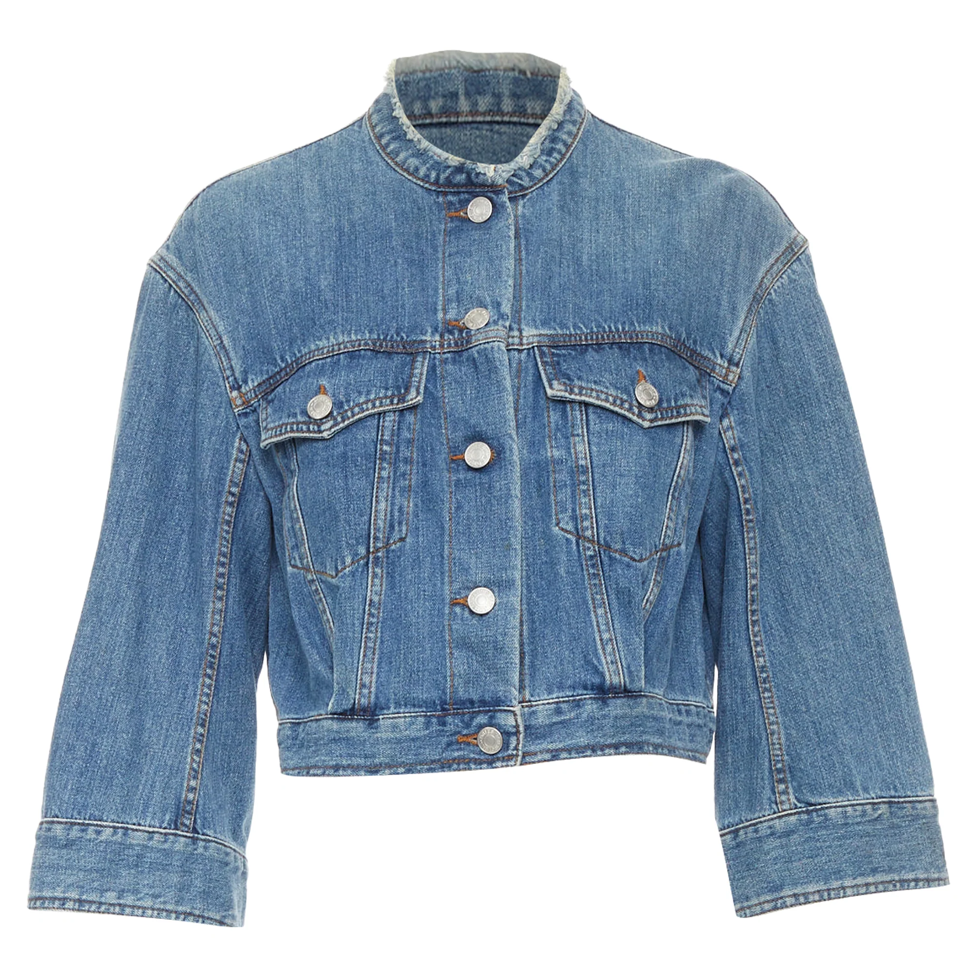 Women's DRIES VAN NOTEN 2017 blue washed distressed 3/4 sleeve crop denim jacket FR38 M - Image 10
