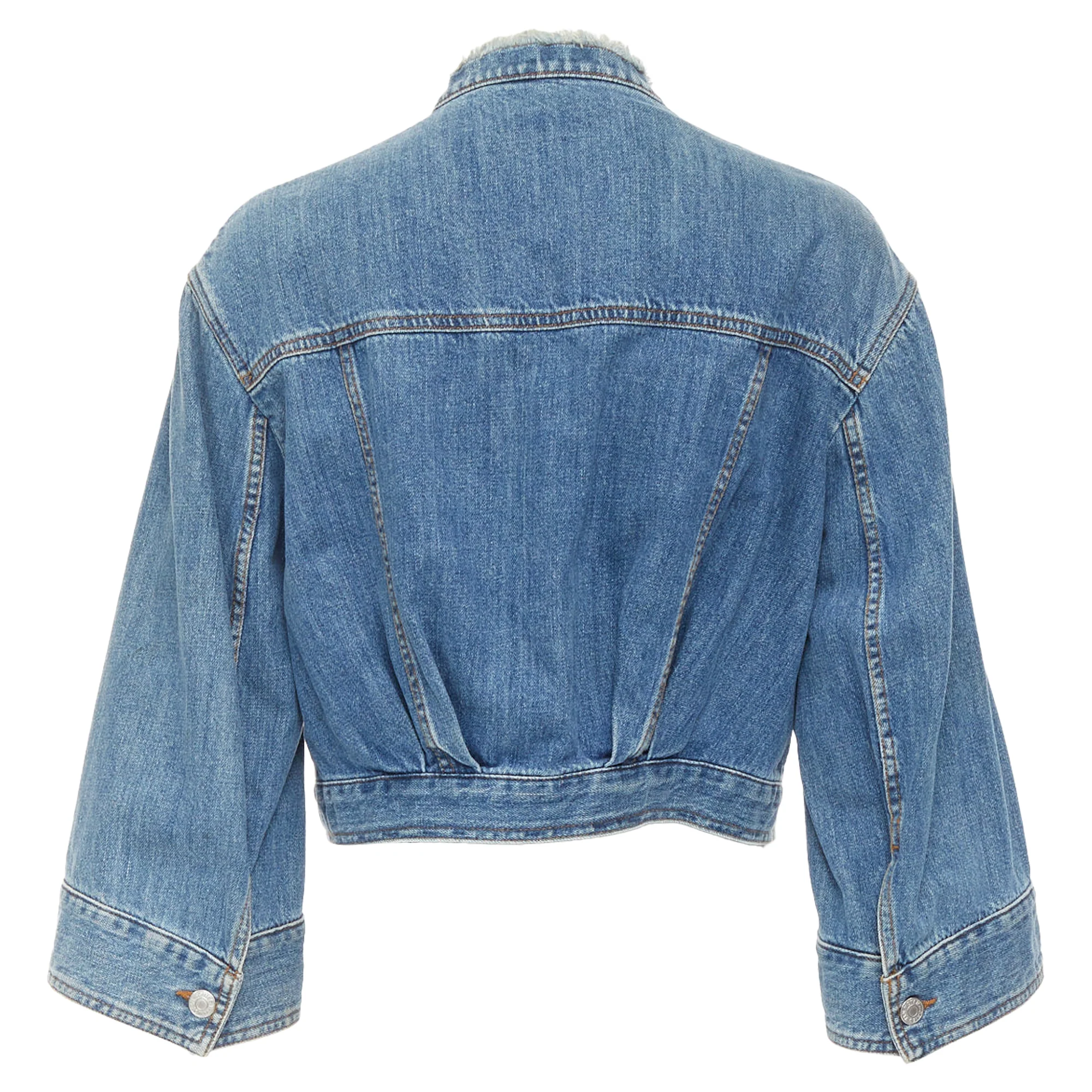 Women's DRIES VAN NOTEN 2017 blue washed distressed 3/4 sleeve crop denim jacket FR38 M - Image 6