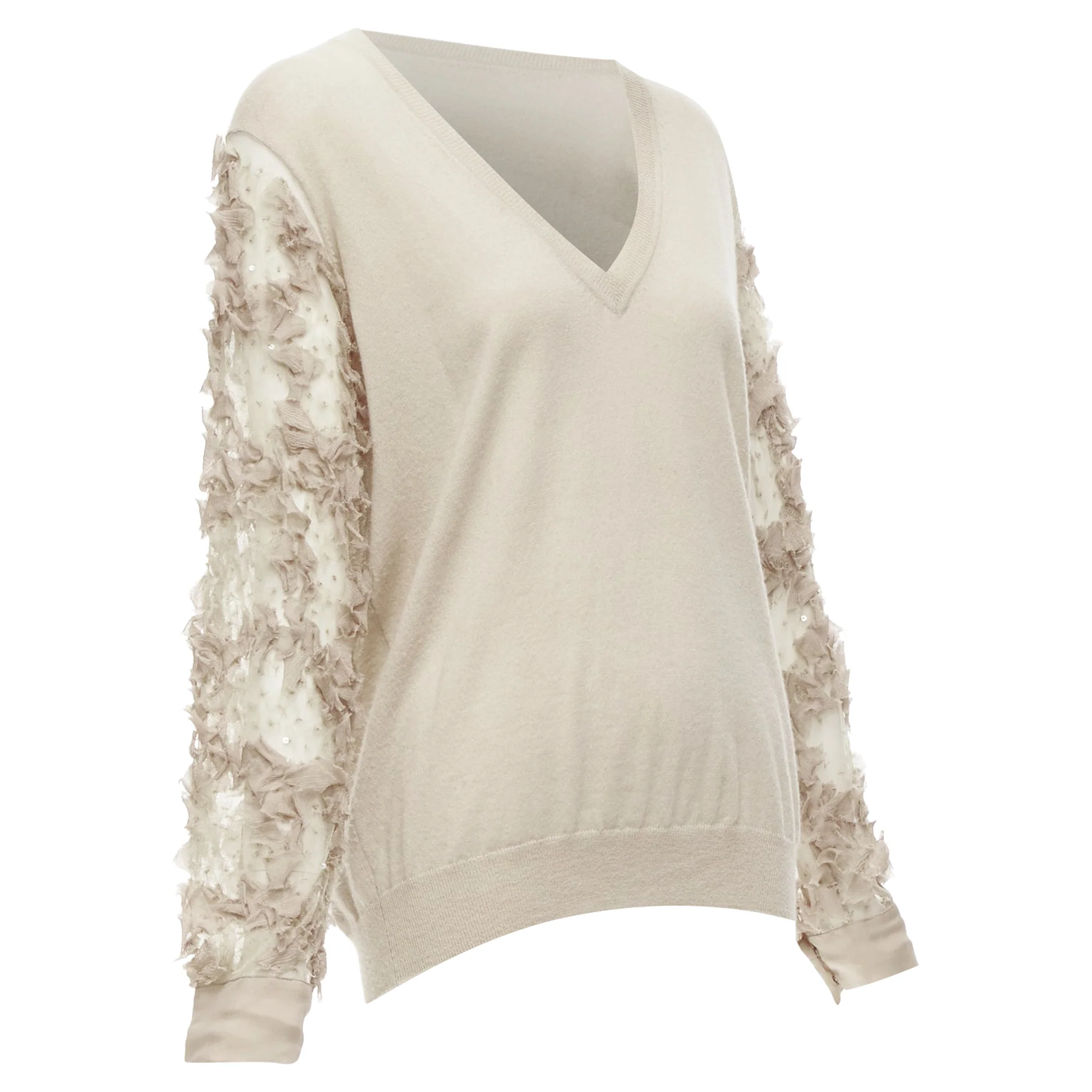 Women's Dries Van Noten Cashmere Silk Ruffle Sheer Sleeves V-Neck Sweater - Image 3