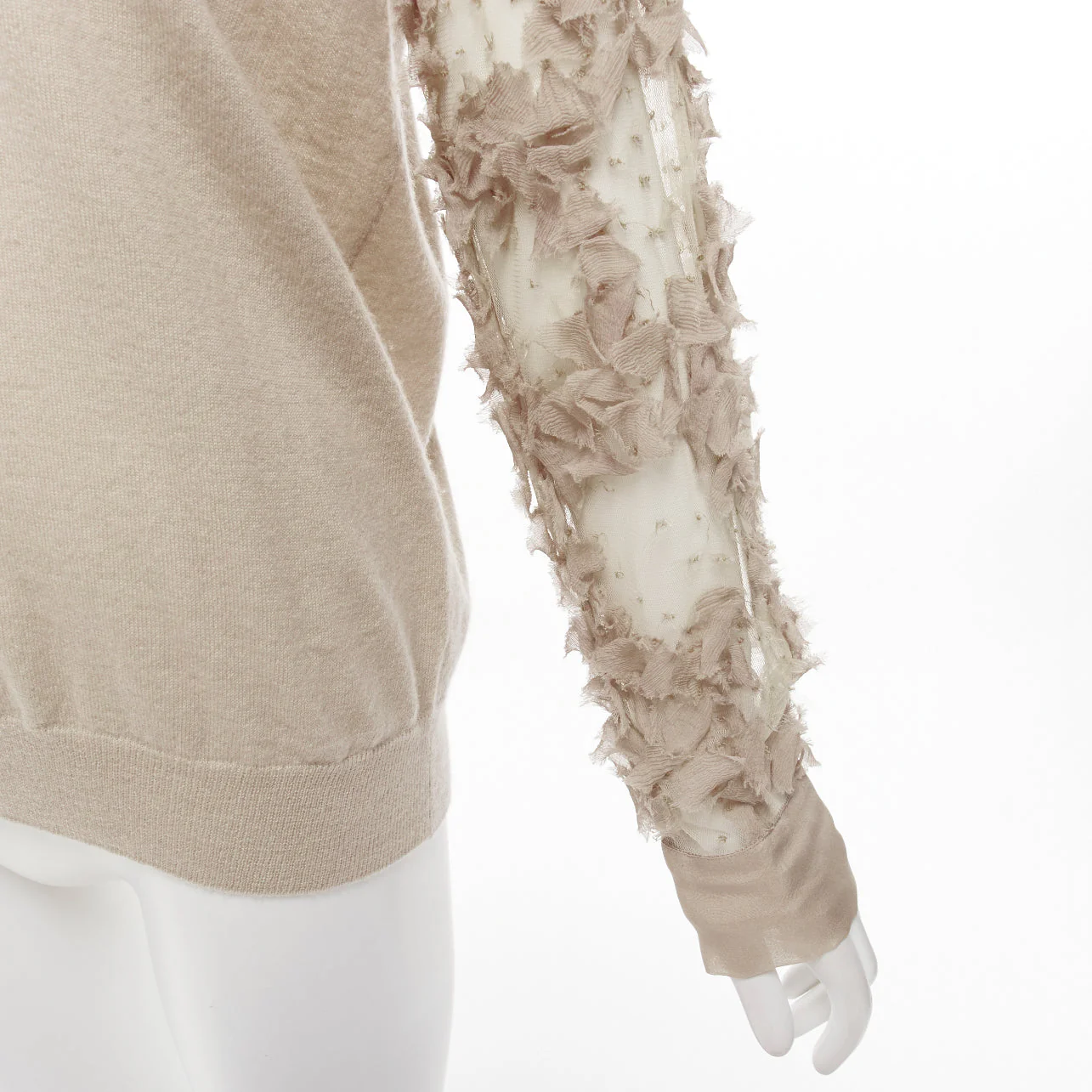 Women's Dries Van Noten Cashmere Silk Ruffle Sheer Sleeves V-Neck Sweater - Image 8