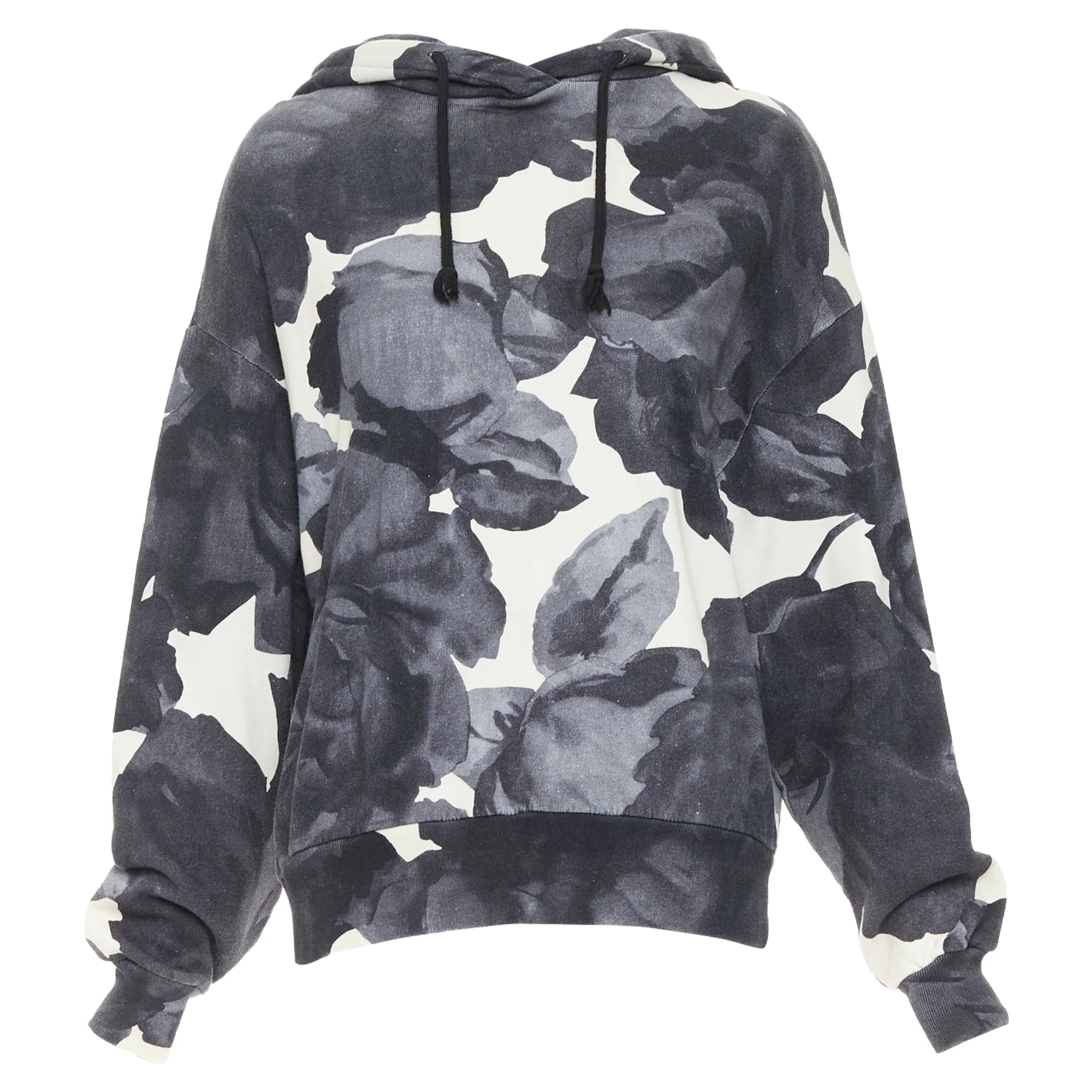 Women's DRIES VAN NOTEN grey ivory cotton abstract rose print black drawstring hoodie S