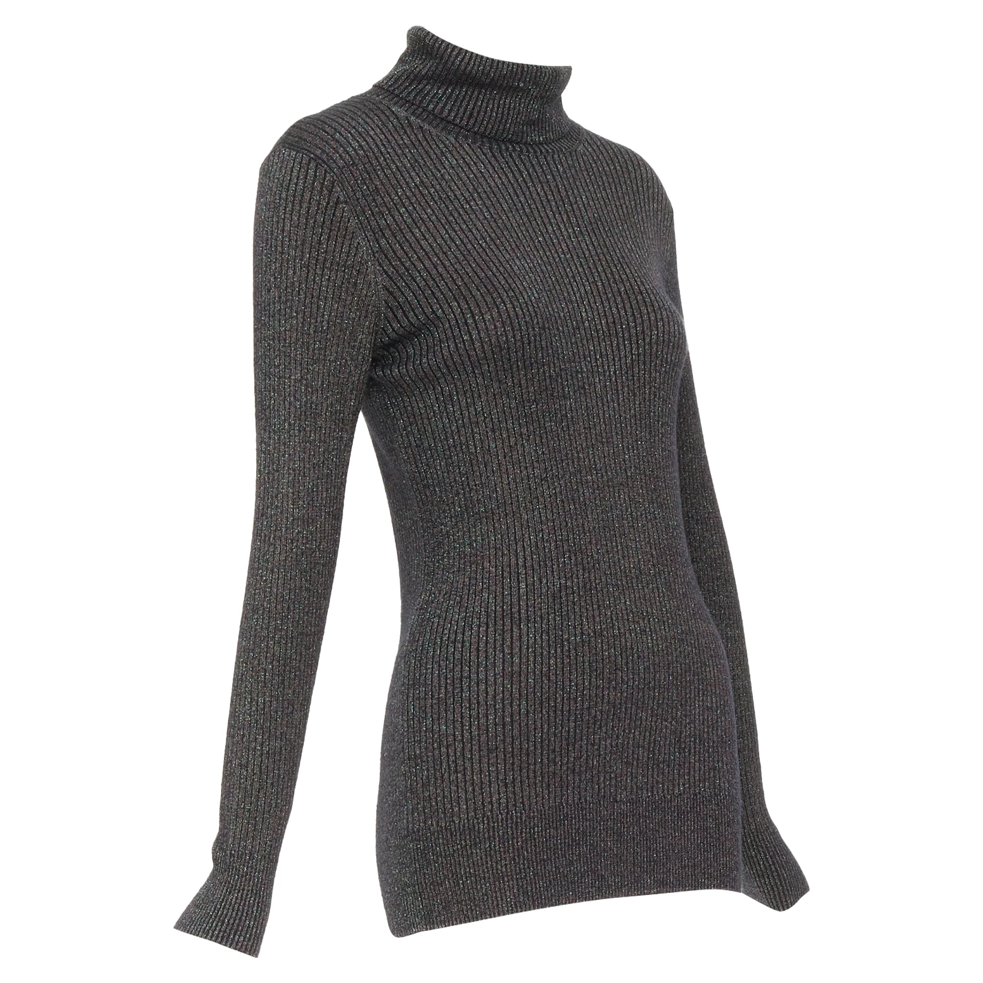 Women's DRIES VAN NOTEN metallic green lurex viscose blend ribbed turtleneck sweater M - Image 3