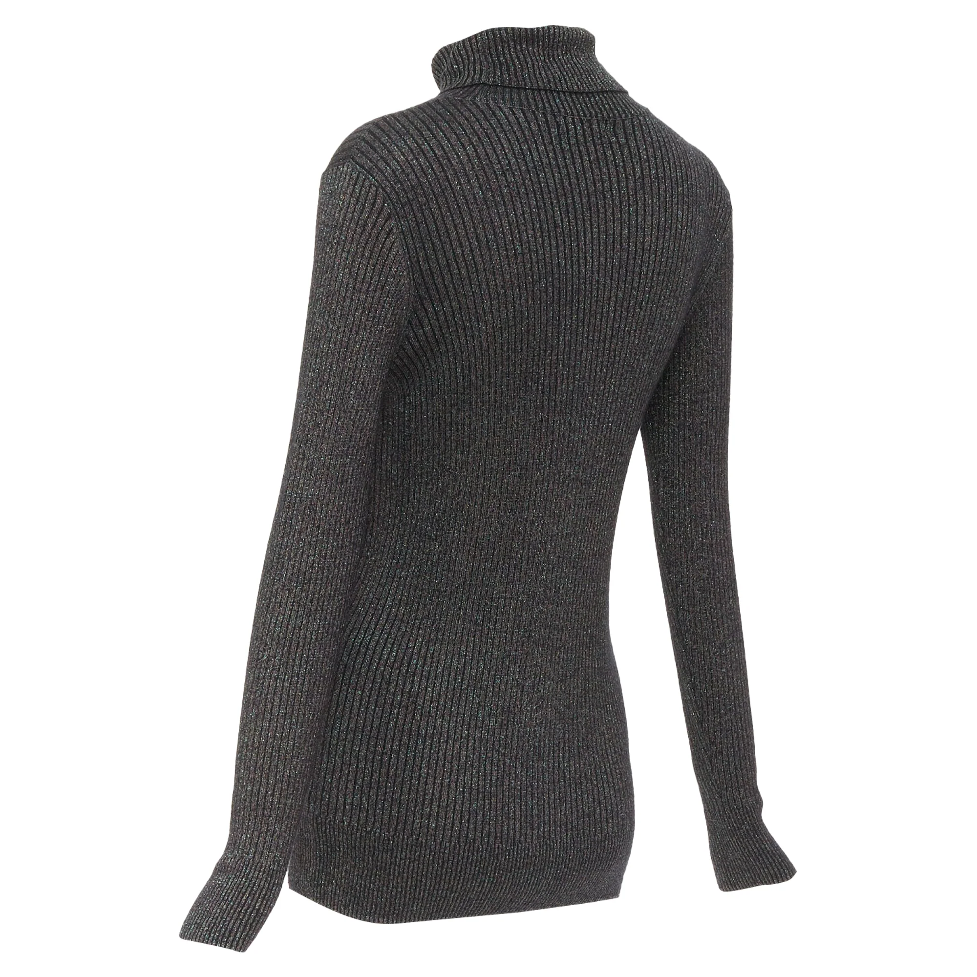 Women's DRIES VAN NOTEN metallic green lurex viscose blend ribbed turtleneck sweater M - Image 6